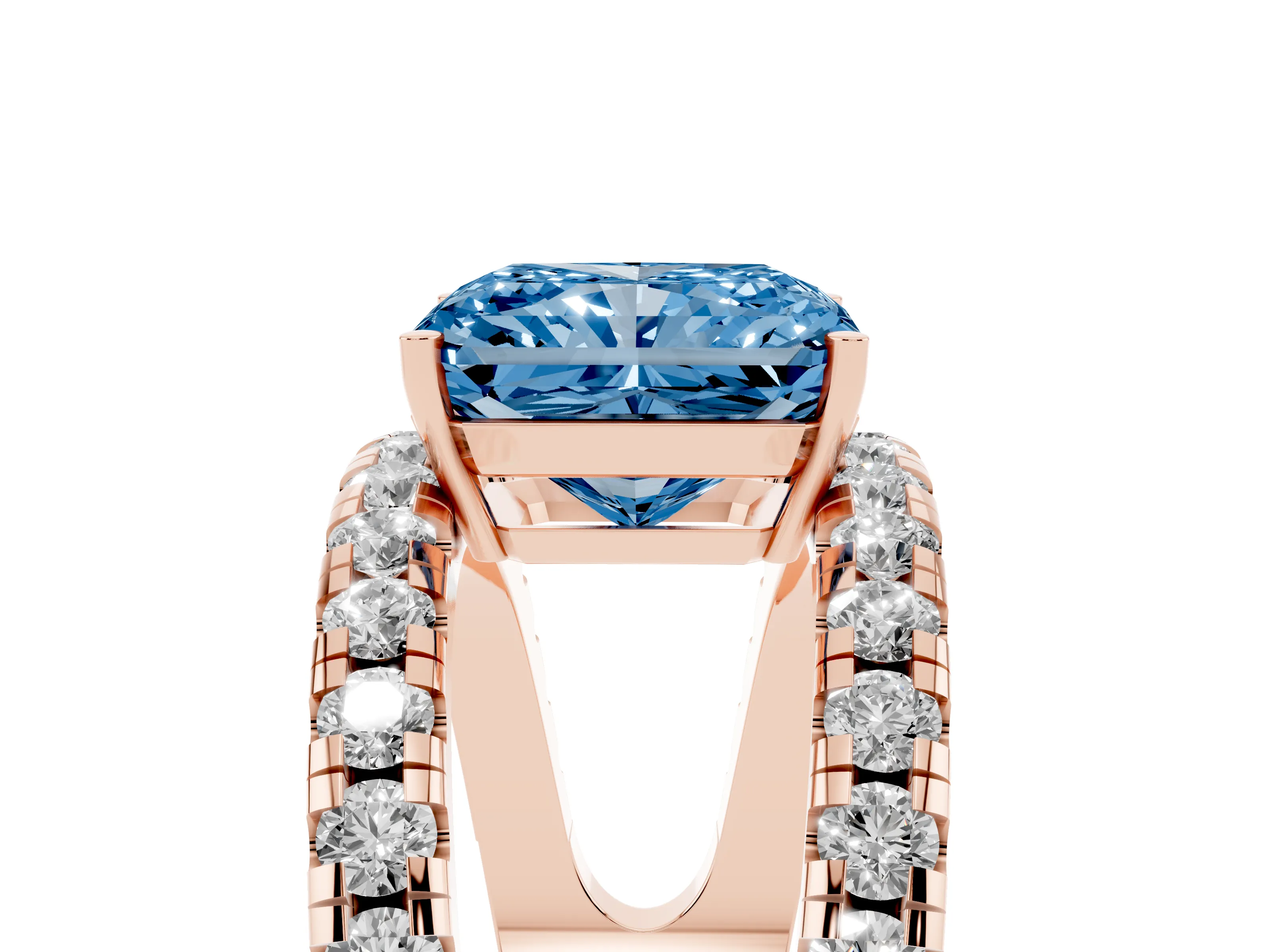 Fancy Blue Radiant Cut Diamond Split Shank Pavé Solitaire Ring Set in Rose gold with Open Shank Design