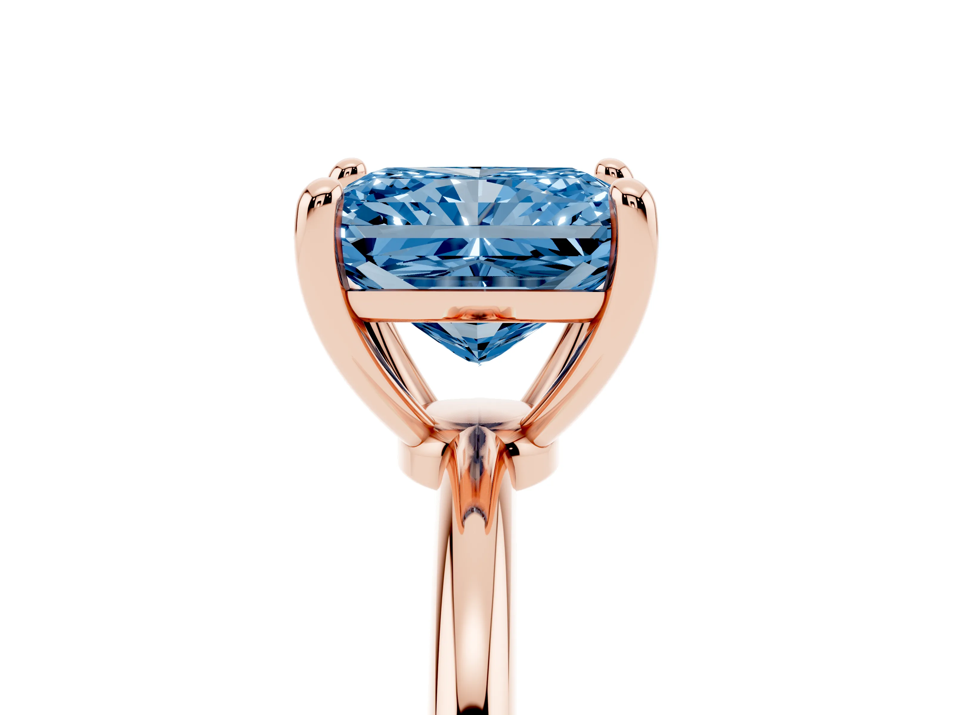 Fancy Blue Radiant Cut Diamond Solitaire Ring Set in Rose gold with Secure Prong Setting on a Classic Band
