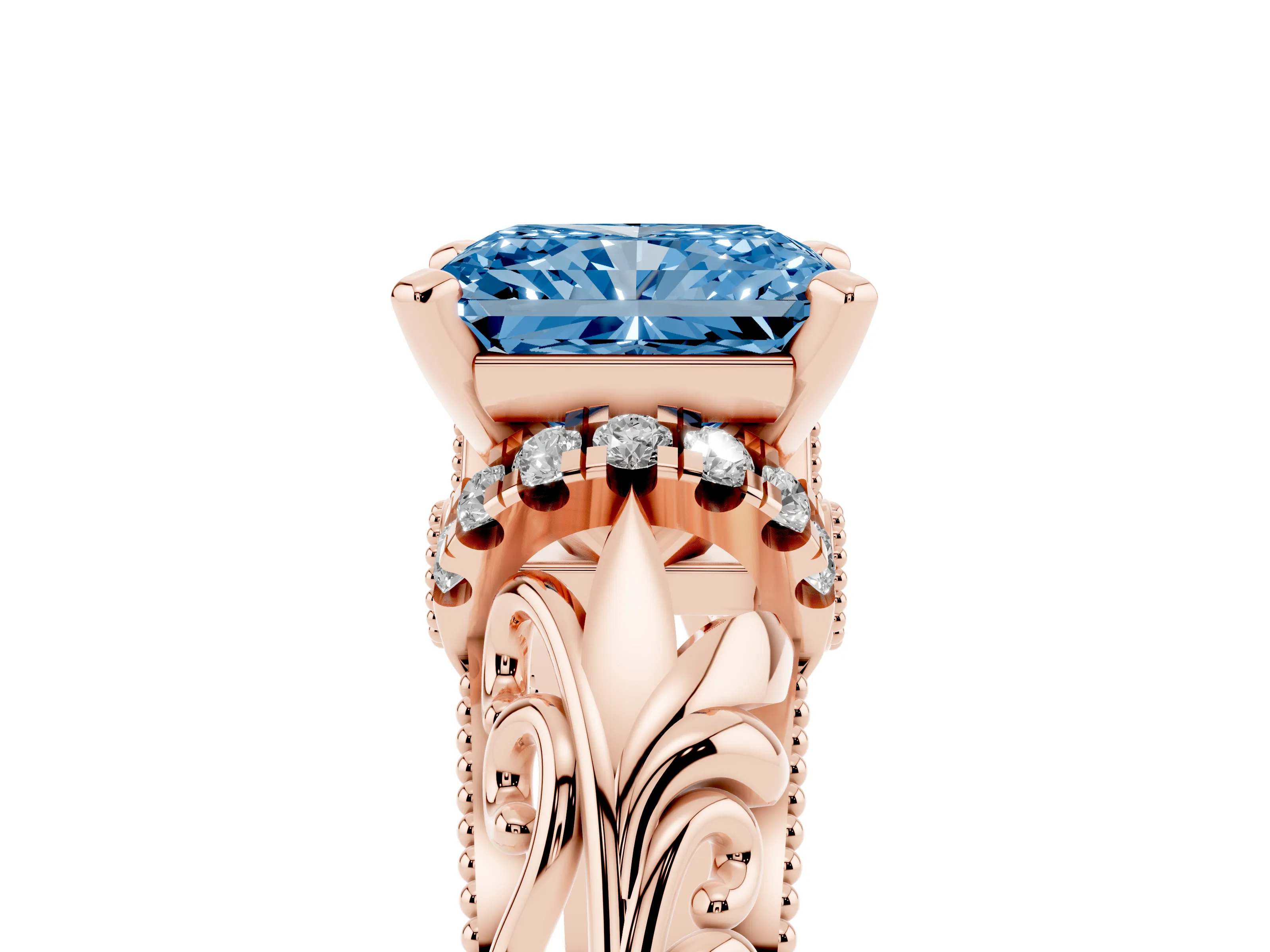 Fancy Blue Radiant Cut Diamond Filigree Halo Engagement Ring Set in Rose gold with Prong Setting