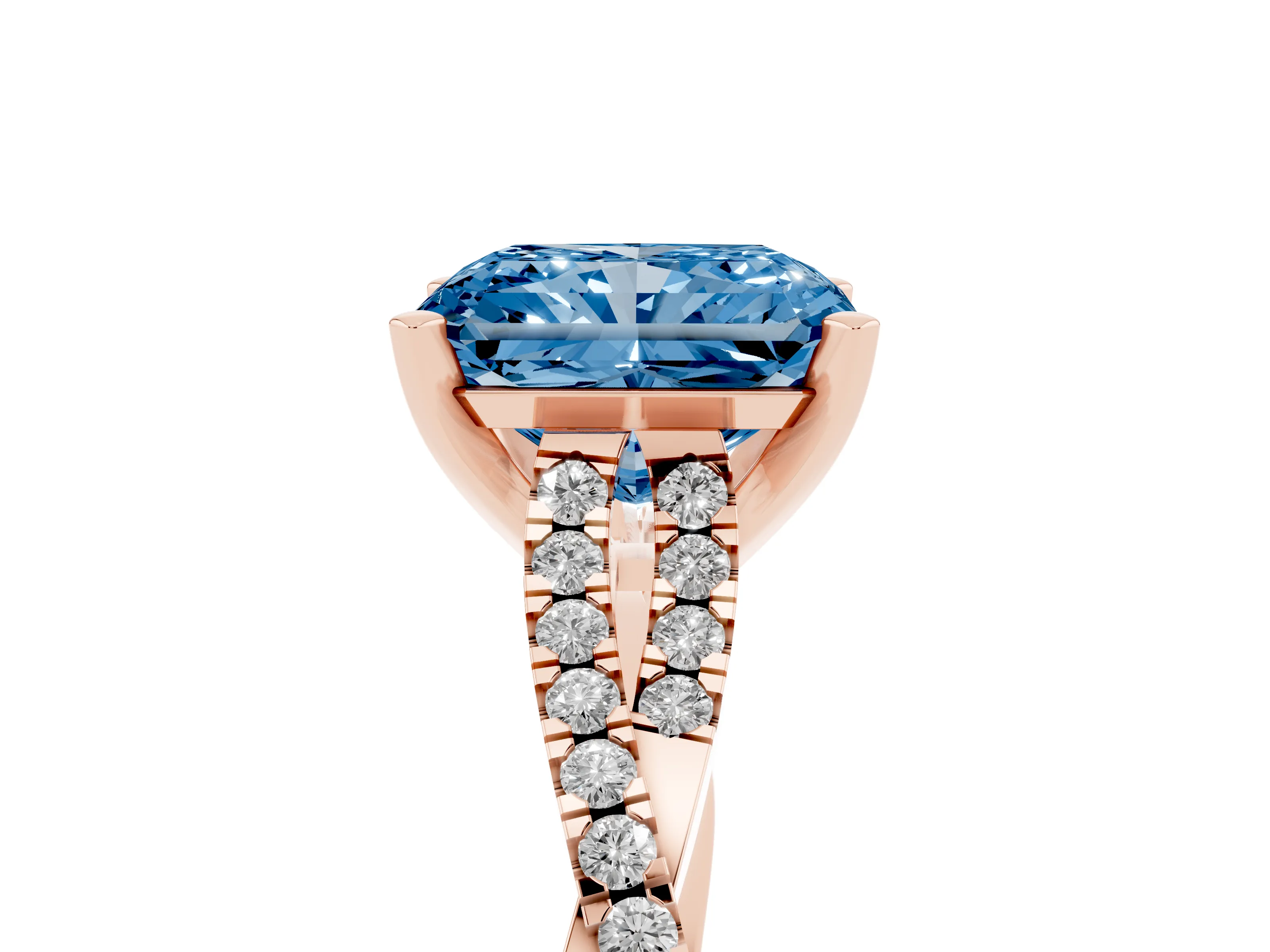 Fancy Blue Radiant Cut Diamond Solitaire Engagement Ring Set in Rose gold with Twisted Pavé Band and Prong Setting