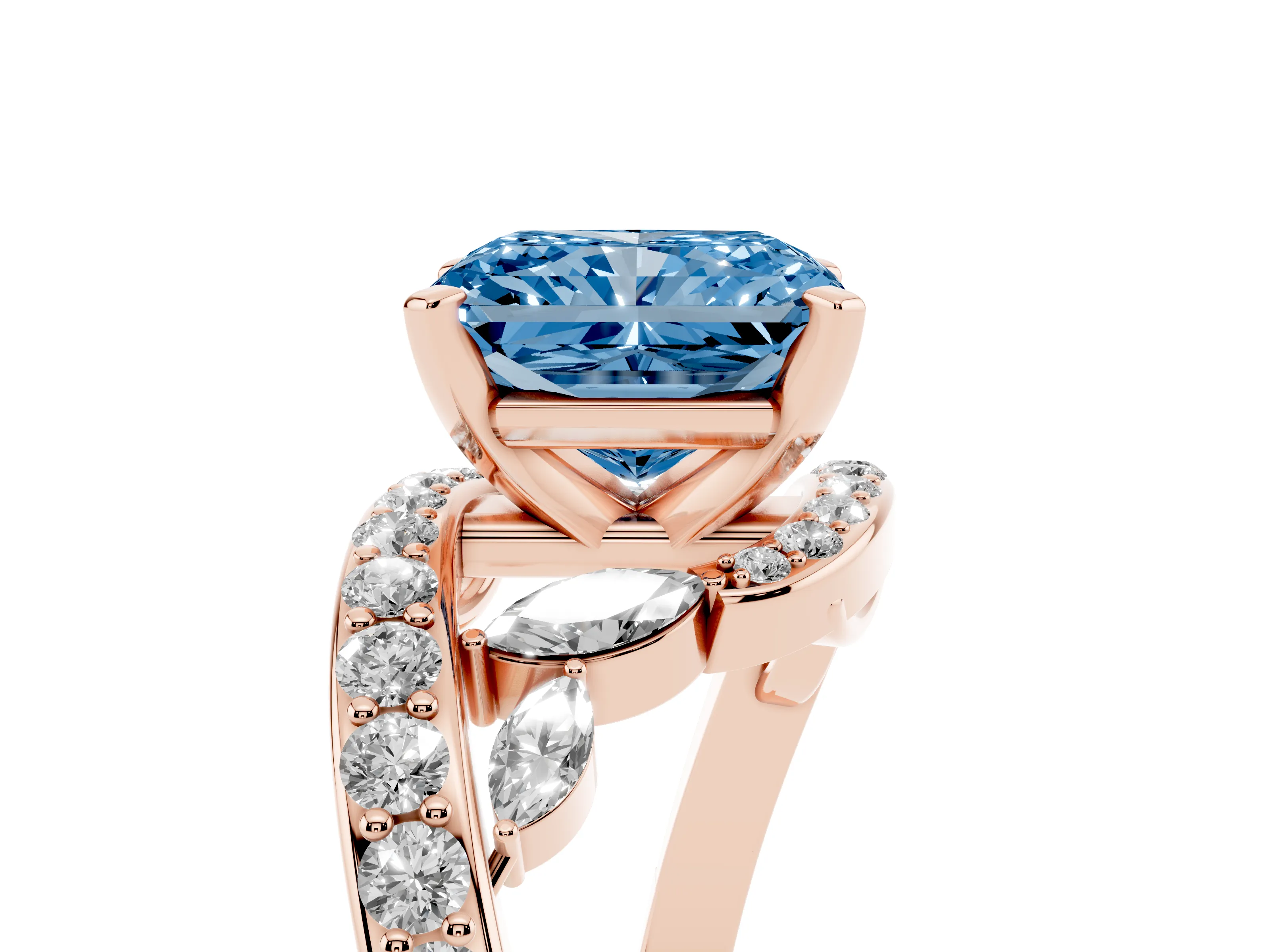 Fancy Blue Radiant Cut Diamond Solitaire Ring Set in Rose gold with Pavé Twist Band and Secure Prong Setting