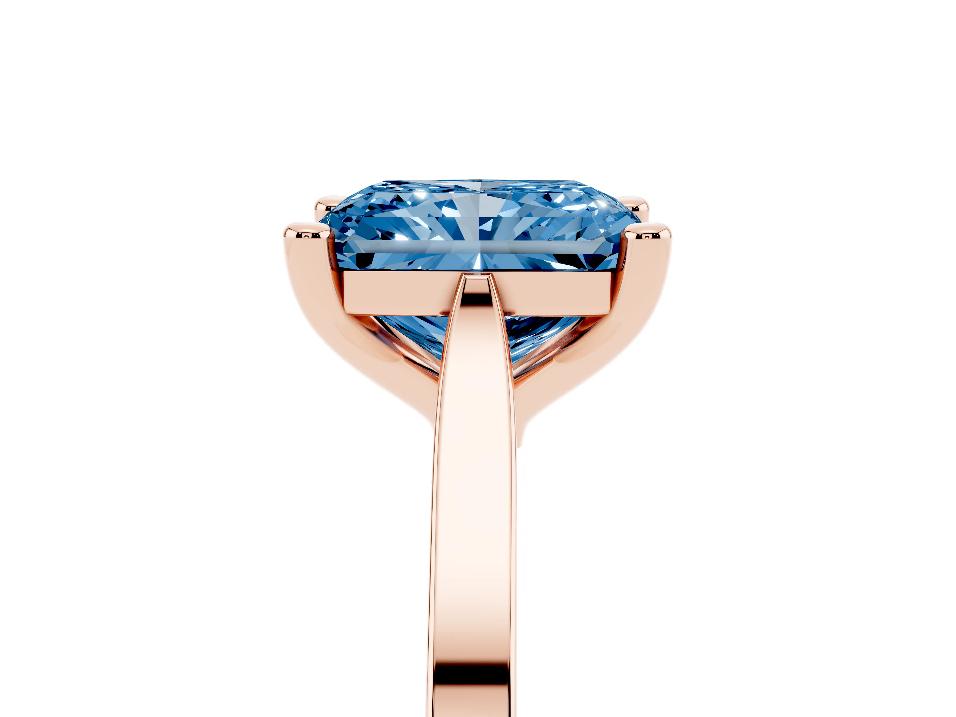 Fancy Blue Radiant Cut Diamond Solitaire Ring Set in Rose gold with Prong Setting and Tapered Band