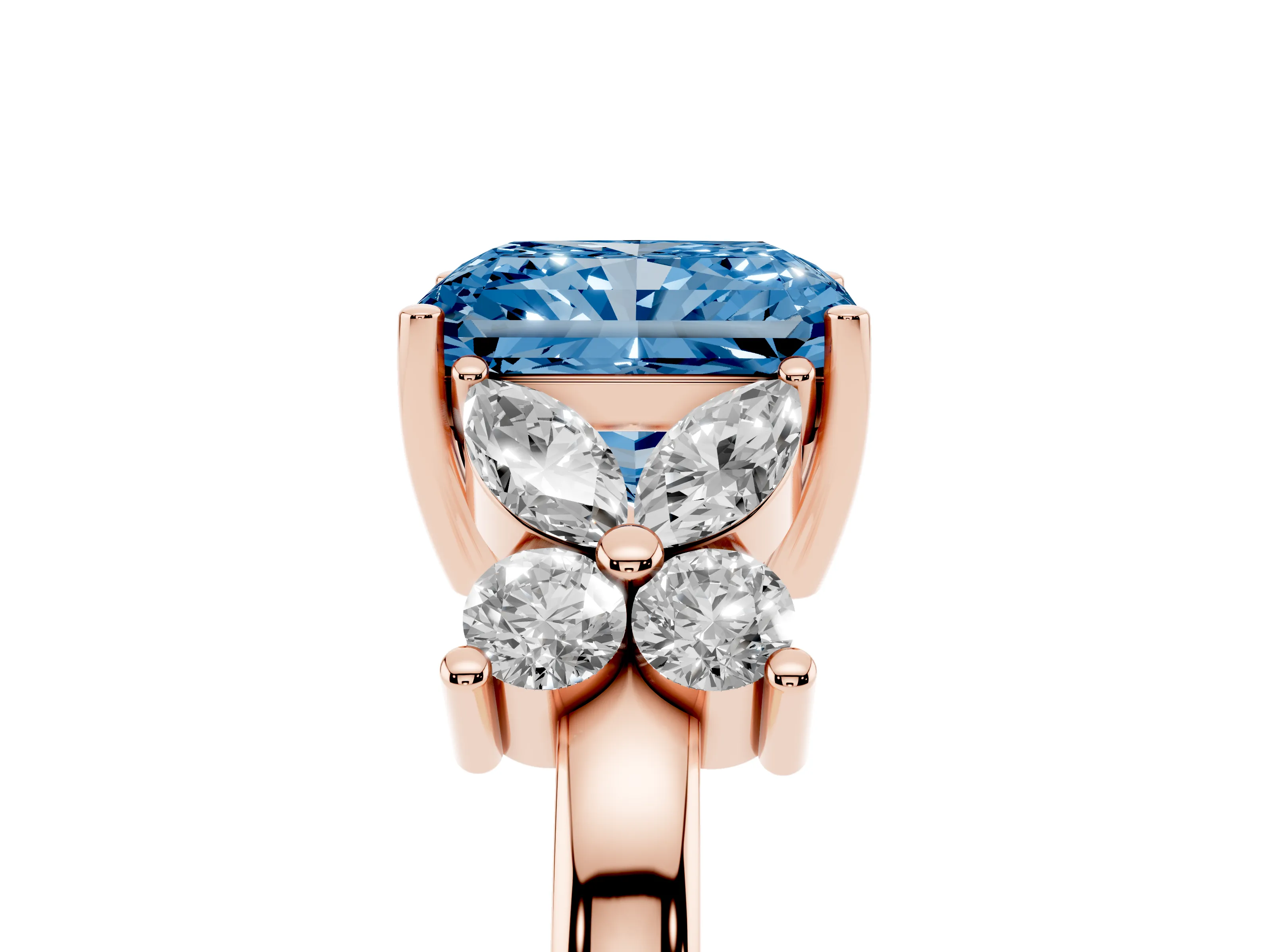 Fancy Blue Radiant Cut Diamond Floral Cluster Ring Set in Rose gold with Marquise Petals and Prong Setting