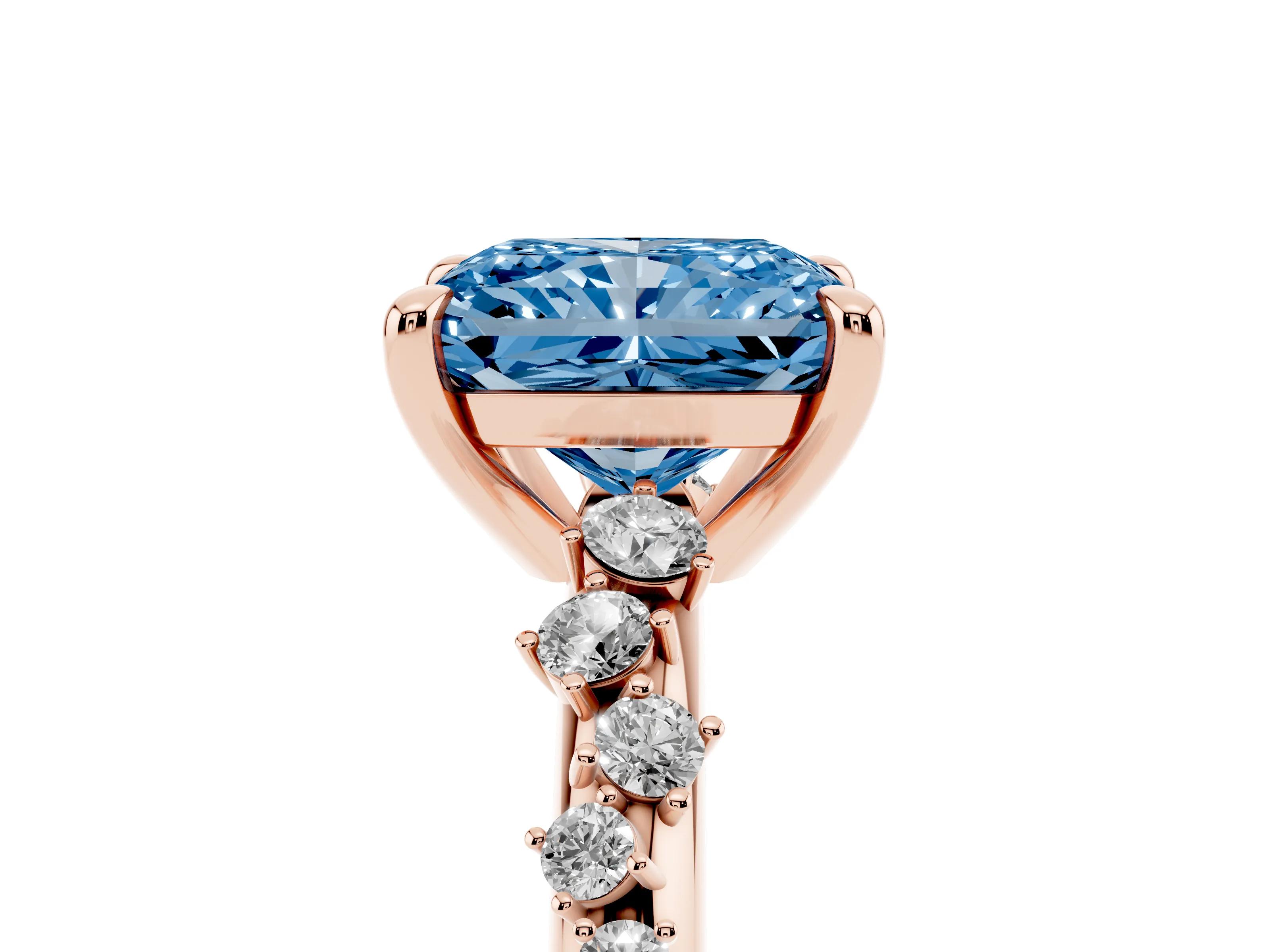 Fancy Blue Radiant Cut Diamond Solitaire Vine Band Ring Set in Rose gold with Round Accents and Prong Setting