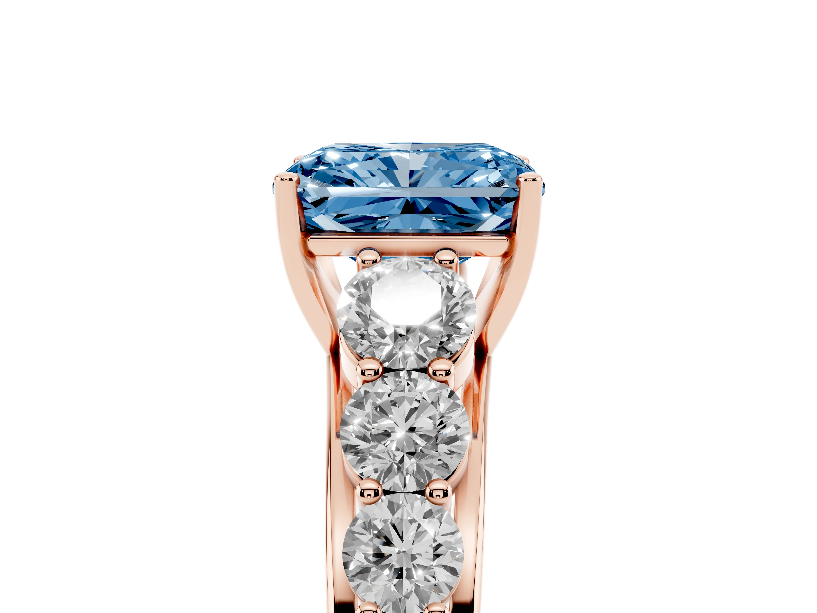 Fancy Blue Radiant Cut Diamond Solitaire Ring Set in Rose gold with Pavé-Set Band and Prong Setting