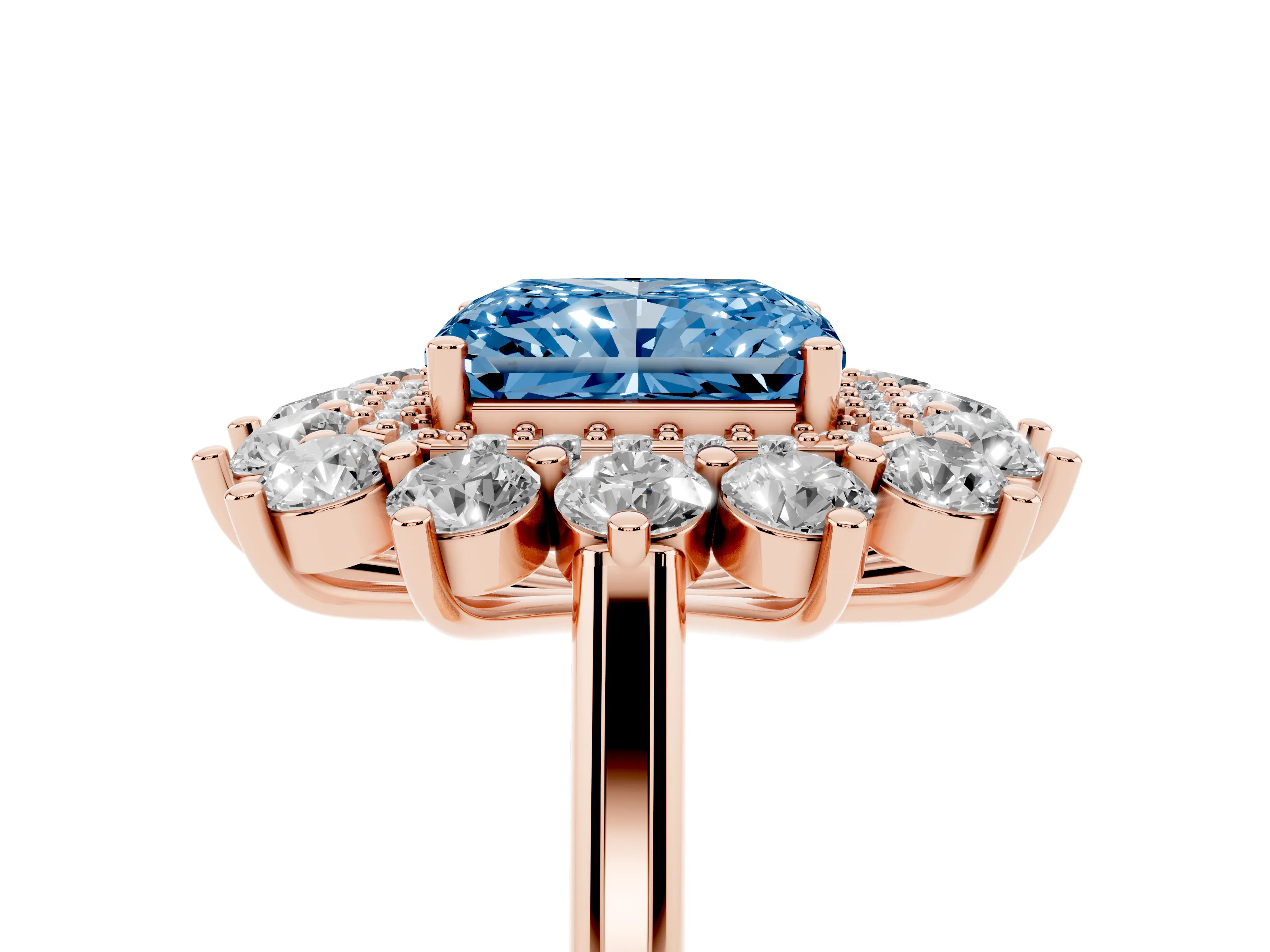 Fancy Blue Radiant Cut Diamond Floral Double Halo Ring Set in Rose gold with Round Petals