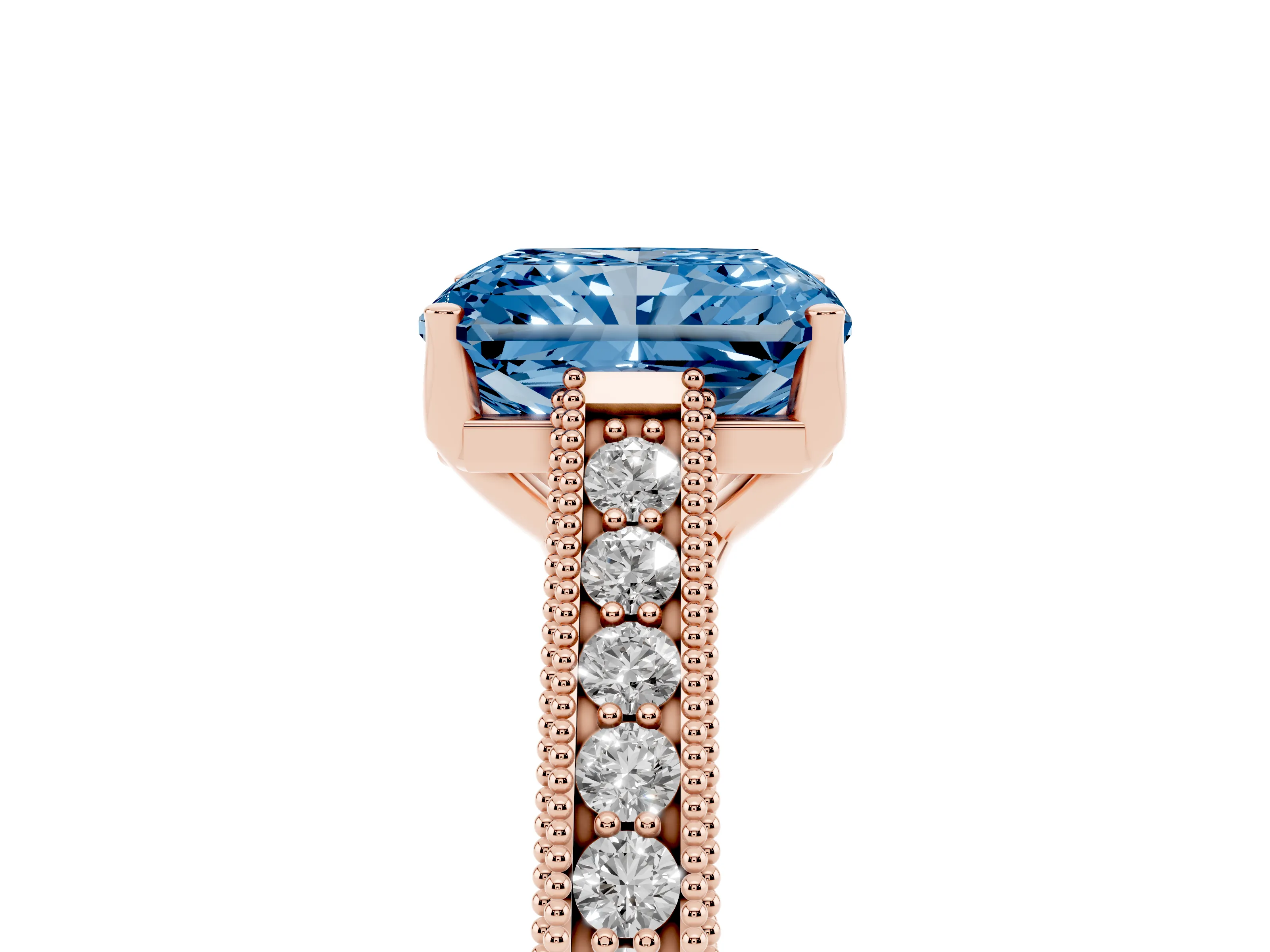 Fancy Blue Radiant Cut Diamond Milgrain Pavé Band Solitaire Ring Set in Rose gold with Prong Setting