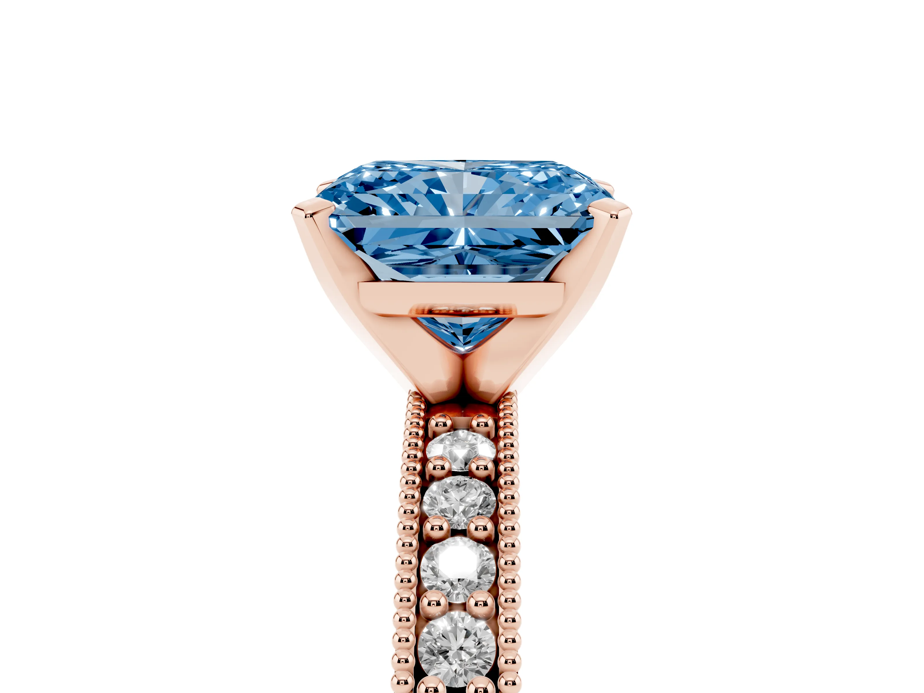 Fancy Blue Radiant Cut Diamond Milgrain Pavé Engagement Ring Set in Rose gold with Prong Setting