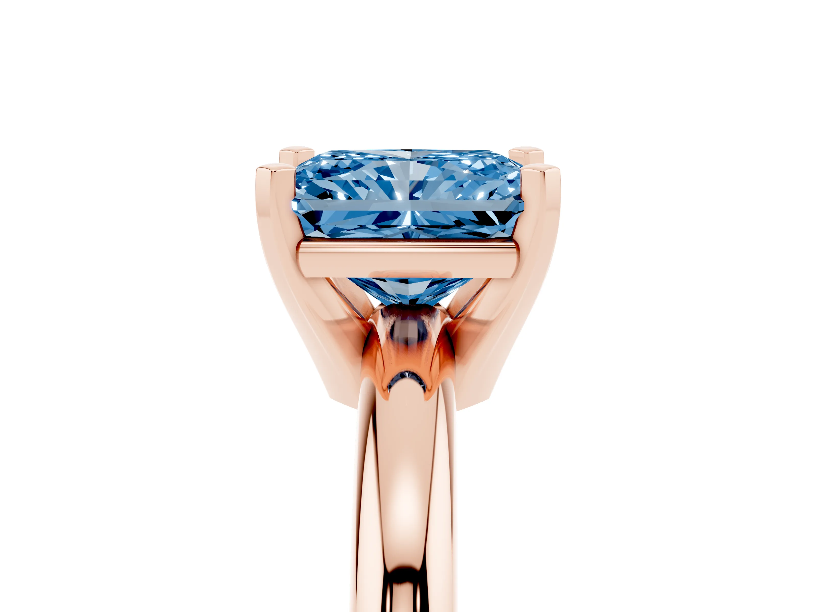 Fancy Blue Radiant Cut Diamond Solitaire Engagement Ring Set in Rose gold with Round Band and Prong Setting