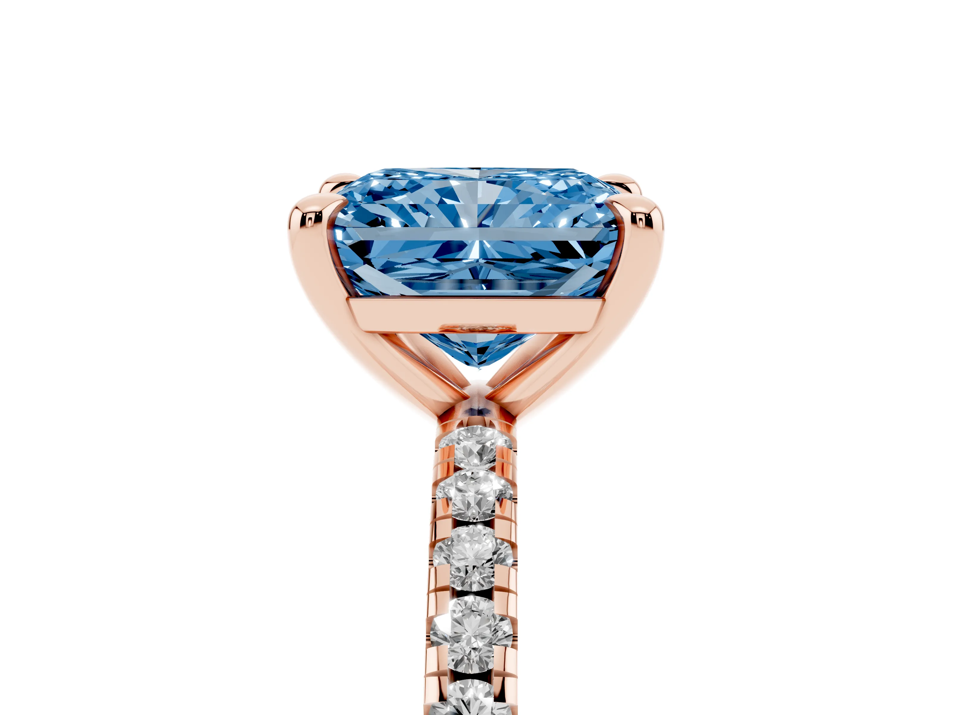 Fancy Blue Radiant Cut Diamond Brilliant Solitaire Ring Set in Rose gold with Pavé Band and Prong Setting