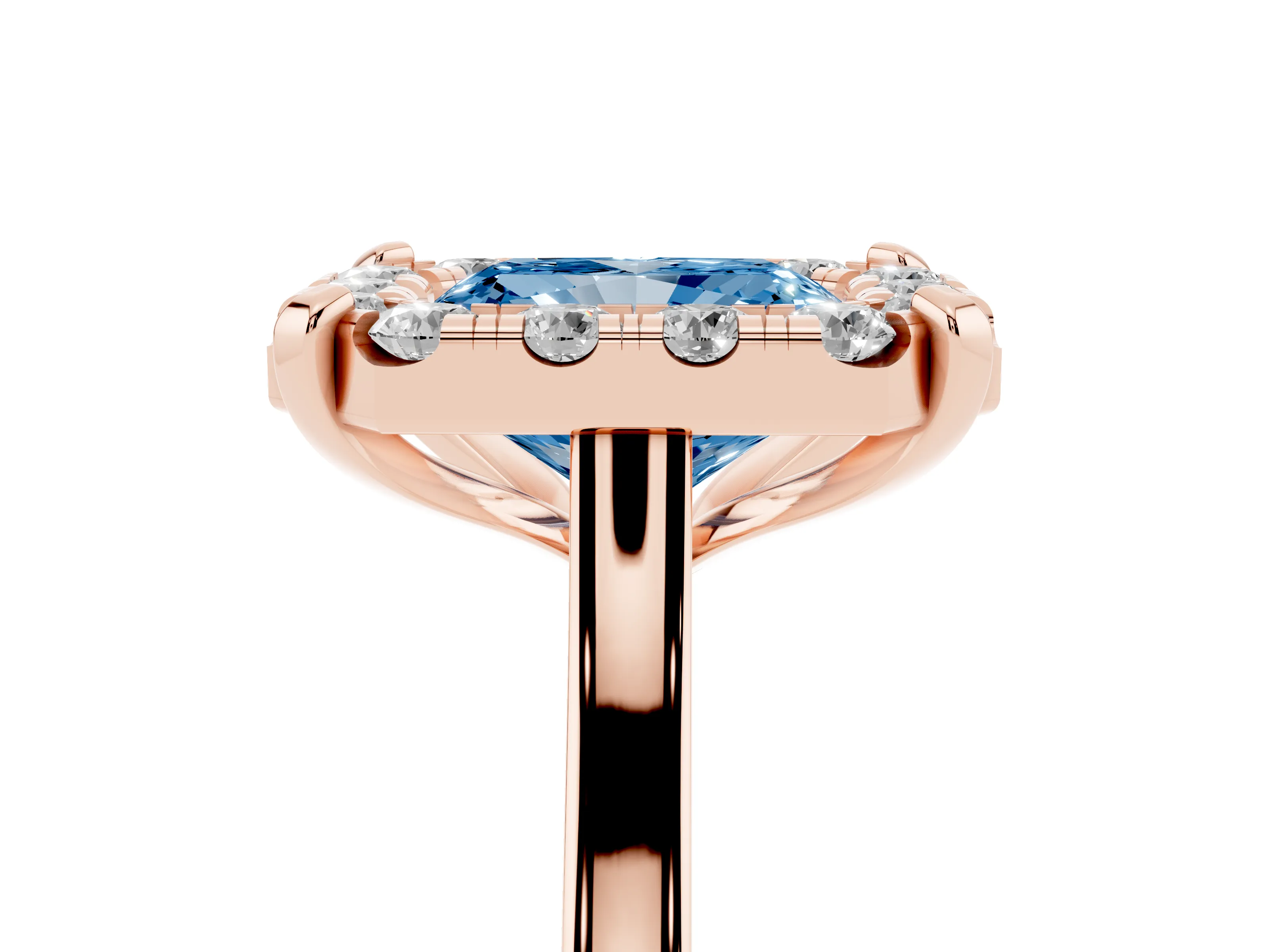 Fancy Blue Radiant Cut Diamond Cluster Halo Solitaire Ring Set in Rose gold with Prong Setting