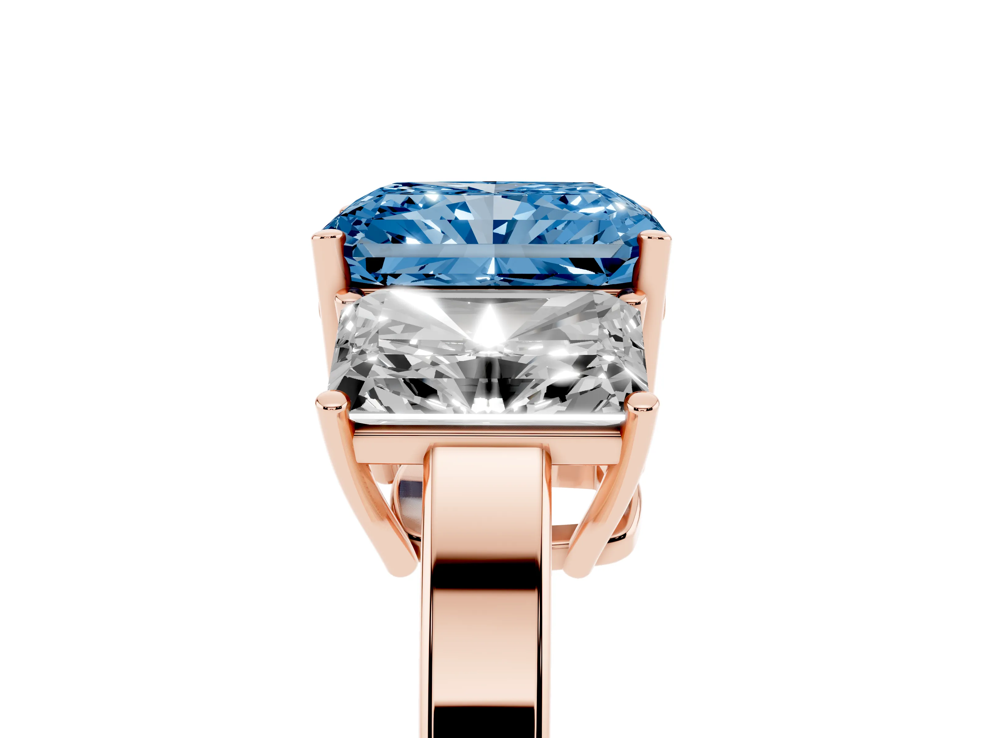 Fancy Blue Radiant Cut Diamond Three-Stone Engagement Ring Set in Rose gold with Flat Band