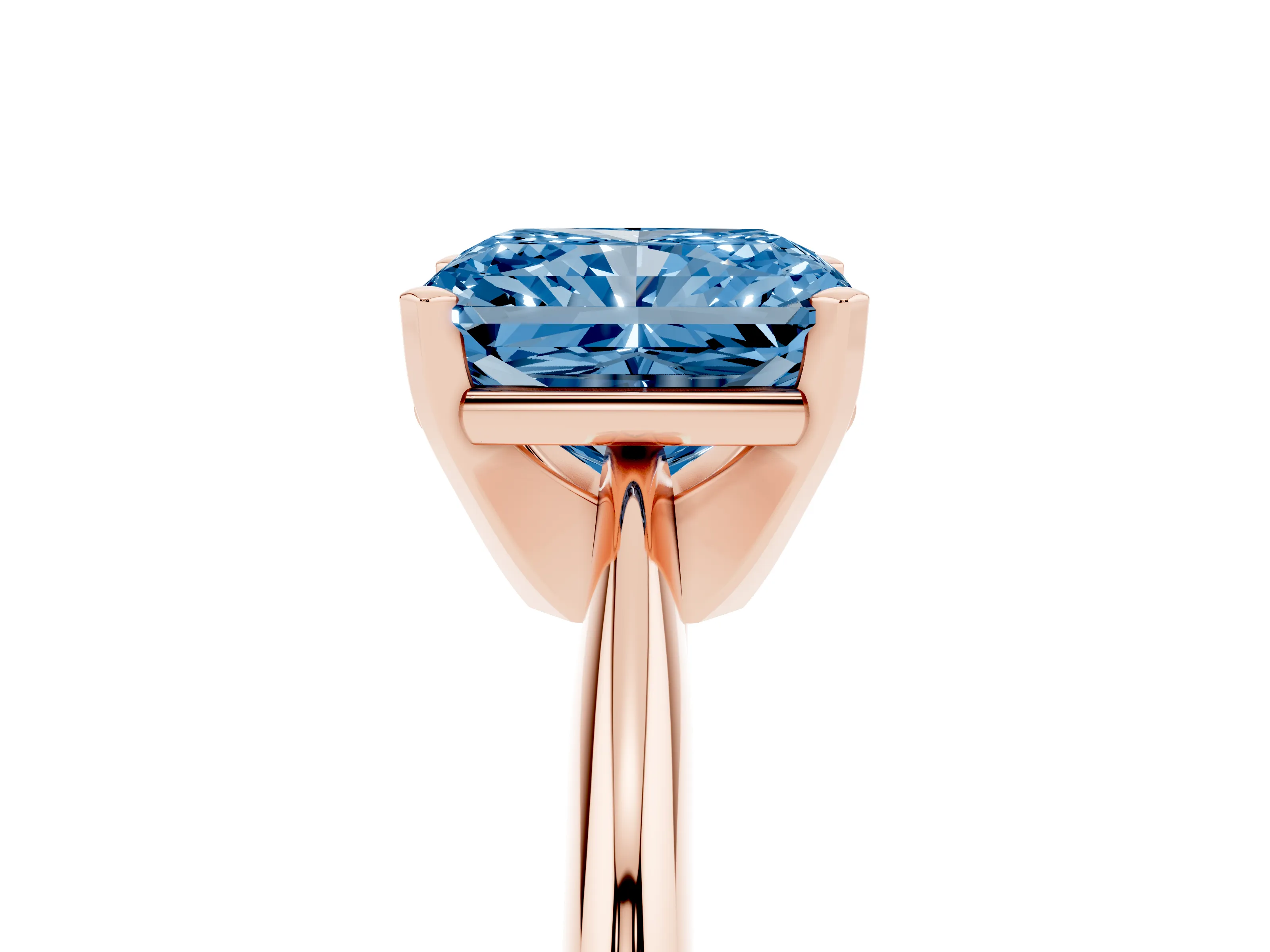 Fancy Blue Radiant Cut Diamond Solitaire Ring Set in Rose gold with Prong Setting on a Plain Round Band
