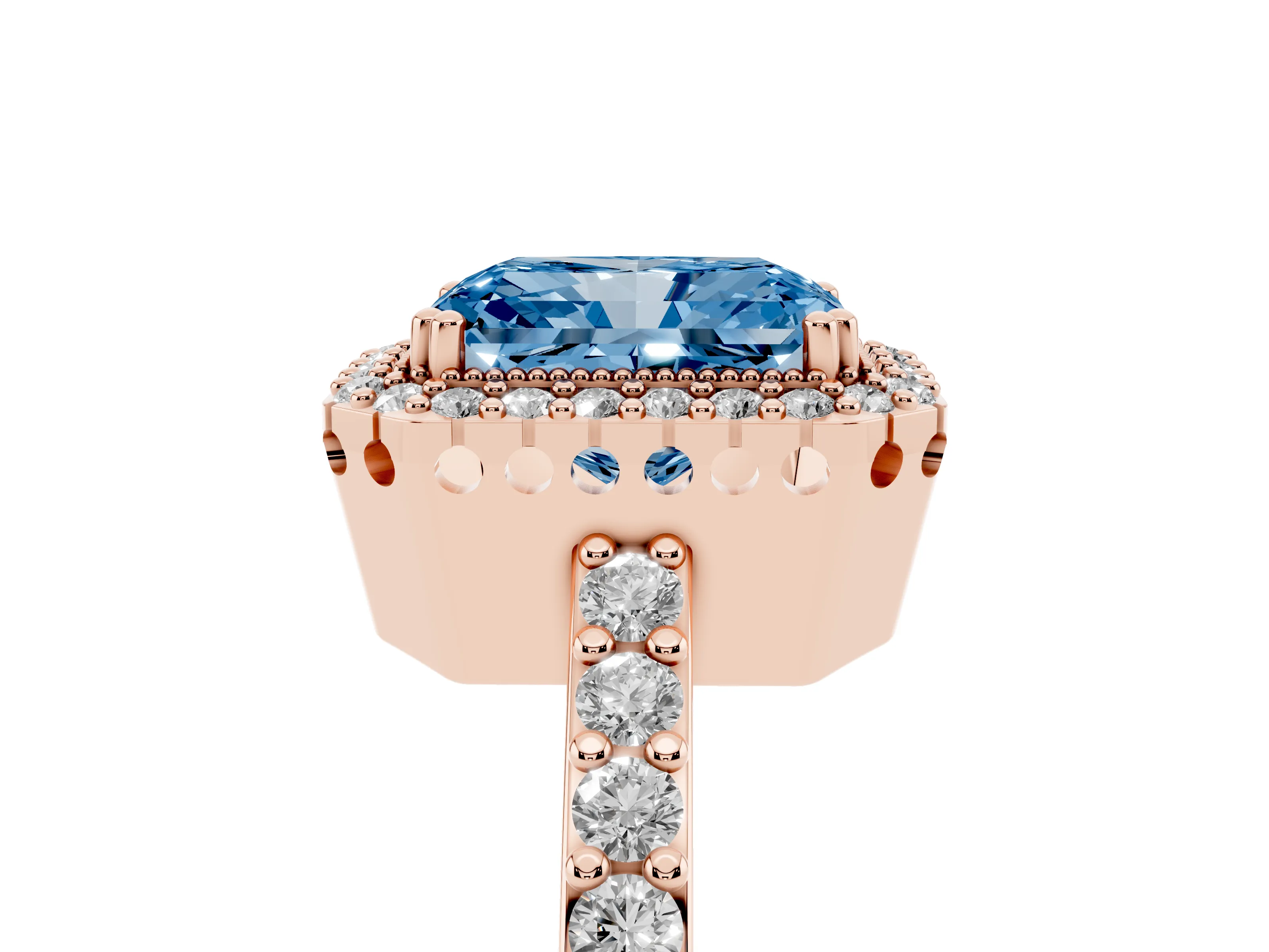 Fancy Blue Radiant Cut Diamond Halo Engagement Ring Set in Rose gold with Milgrain Detail and Pavé Band