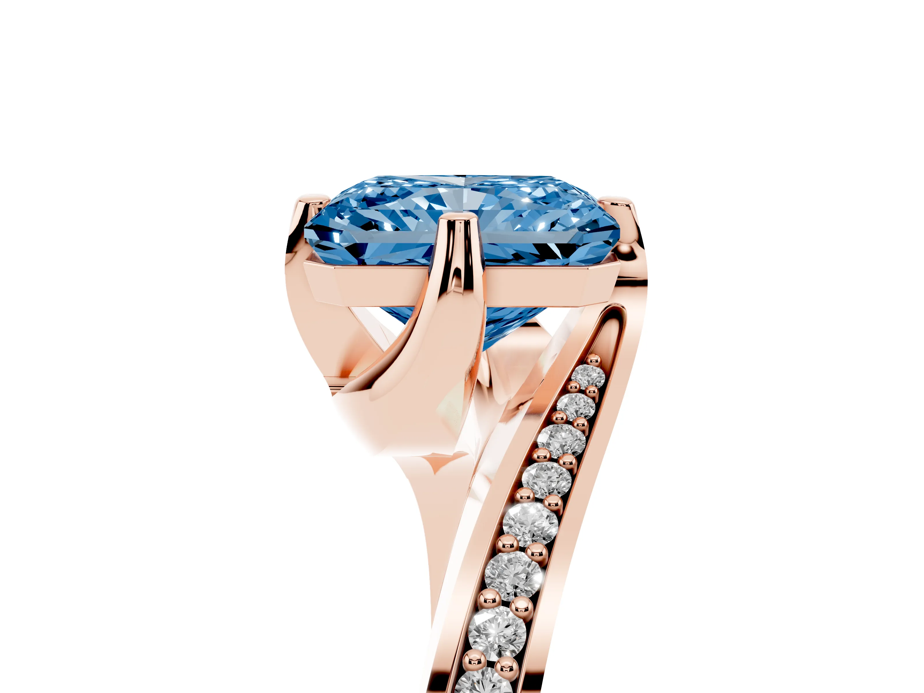 Fancy Blue Radiant Cut Diamond Solitaire Ring Set in Rose gold with Intertwined Pavé Twist Band