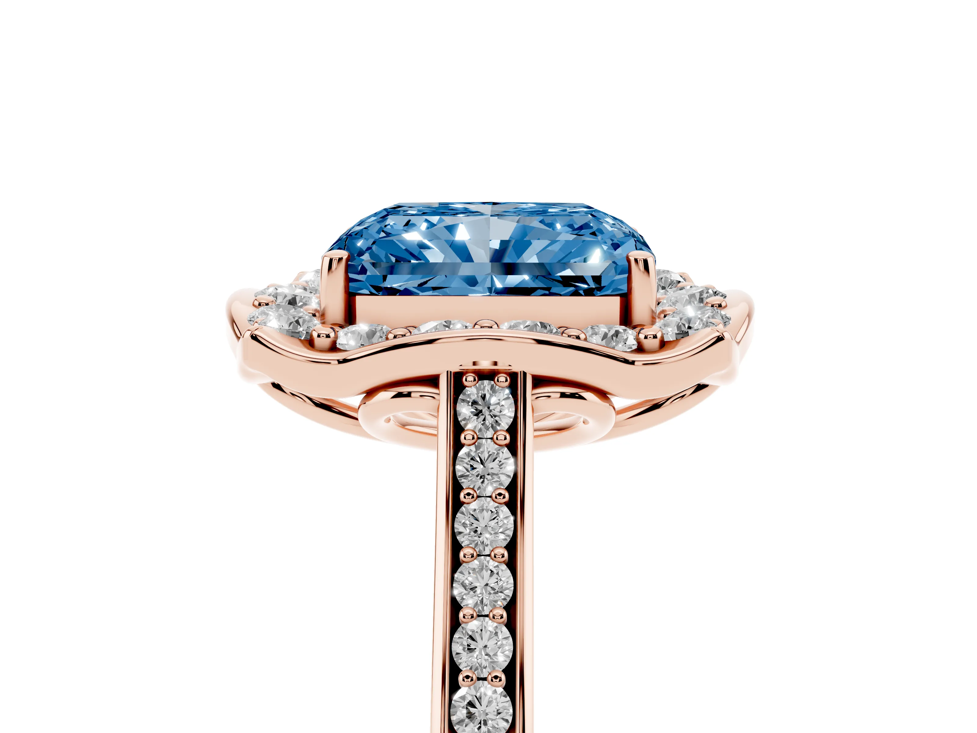 Fancy Blue Radiant Cut Diamond Halo Ring Set in Rose gold with Pavé-Lined Shoulders and Prong Setting