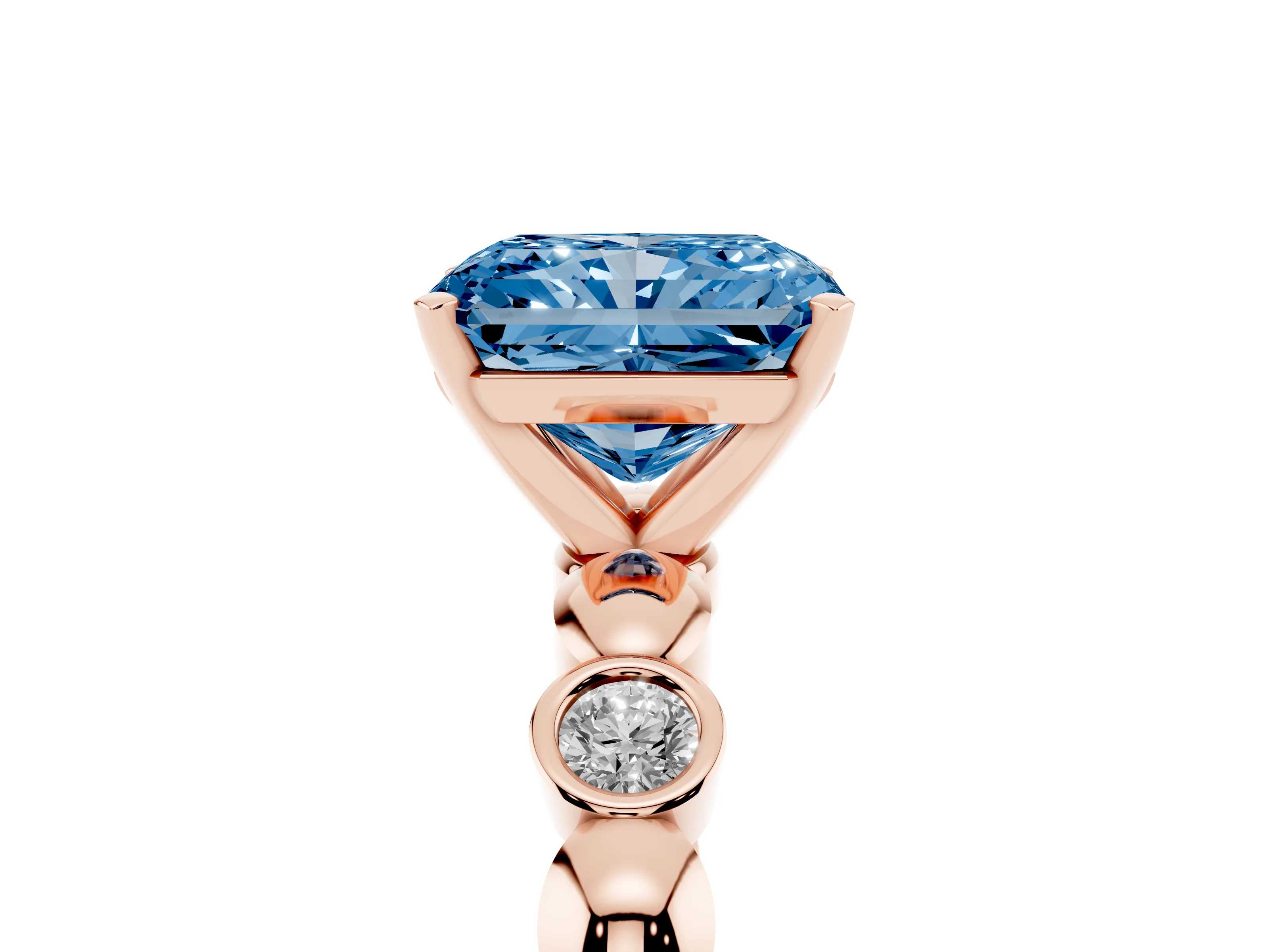 Fancy Blue Radiant Cut Diamond Solitaire Ring Set in Rose gold with Bezel-Set Accents on Beaded Band and Prong Setting