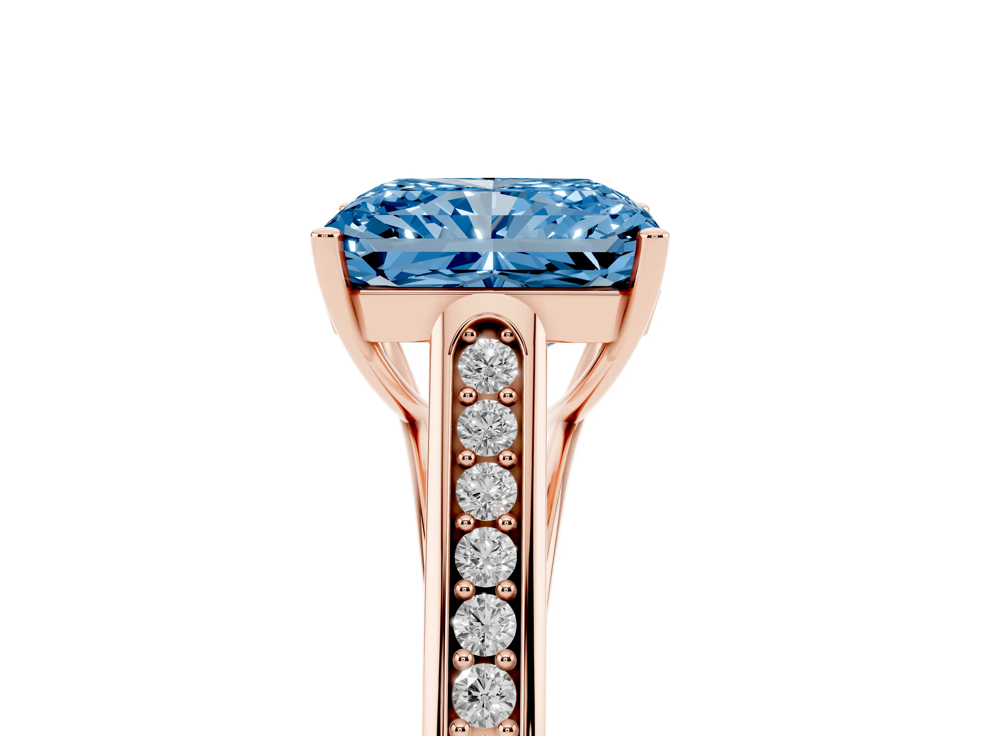 Fancy Blue Radiant Cut Diamond Solitaire Cathedral Engagement Ring Set in Rose gold with Channel-Set Band and Prong Setting