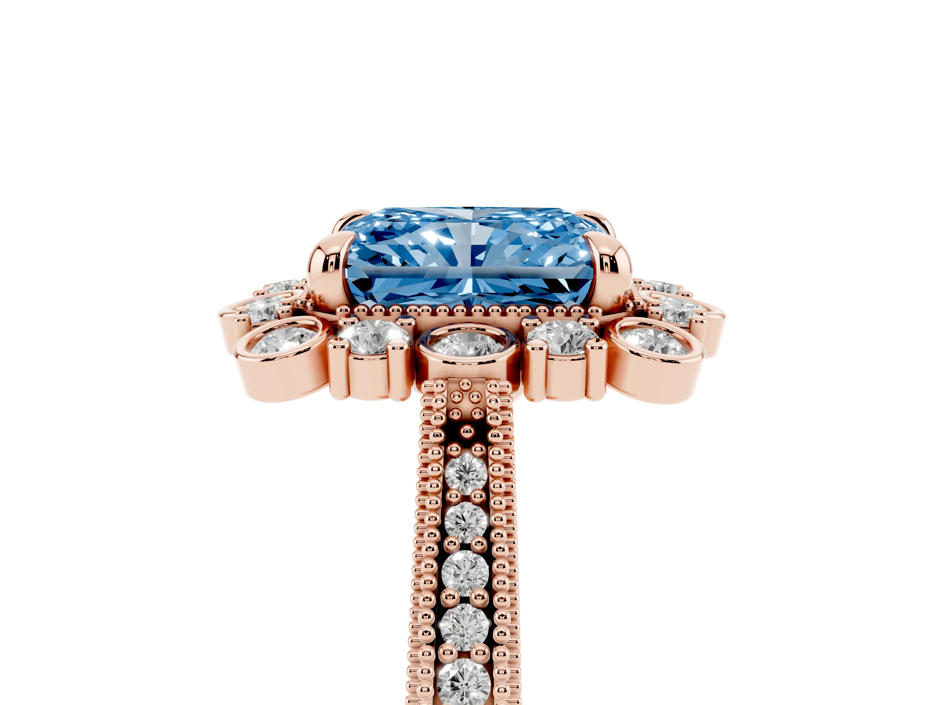 Fancy Blue Radiant Cut Diamond Halo Milgrain Pavé Ring Set in Rose gold with Prong Setting