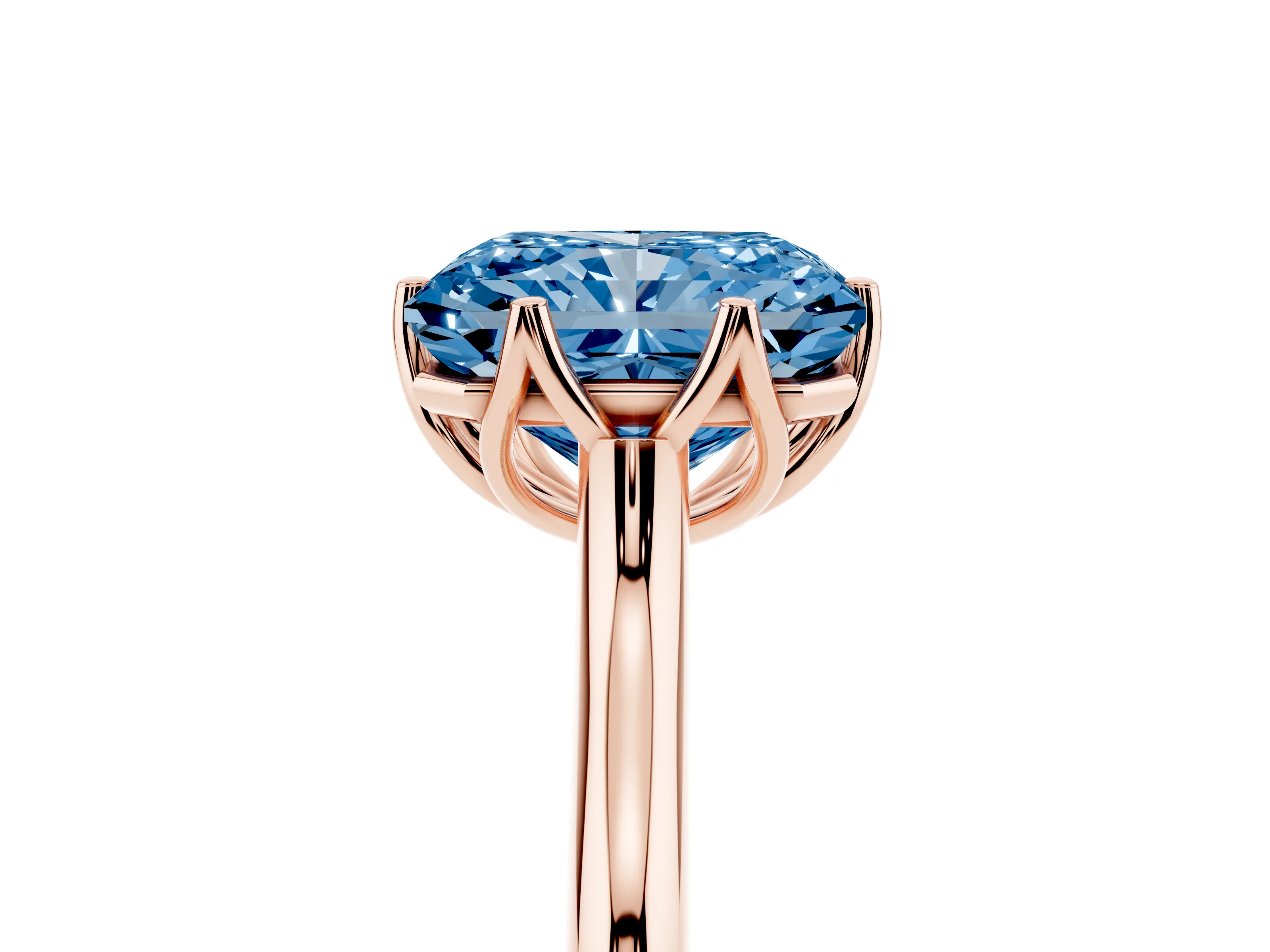 Fancy Blue Radiant Cut Diamond Solitaire Cathedral Ring Set in Rose gold with Prong Setting