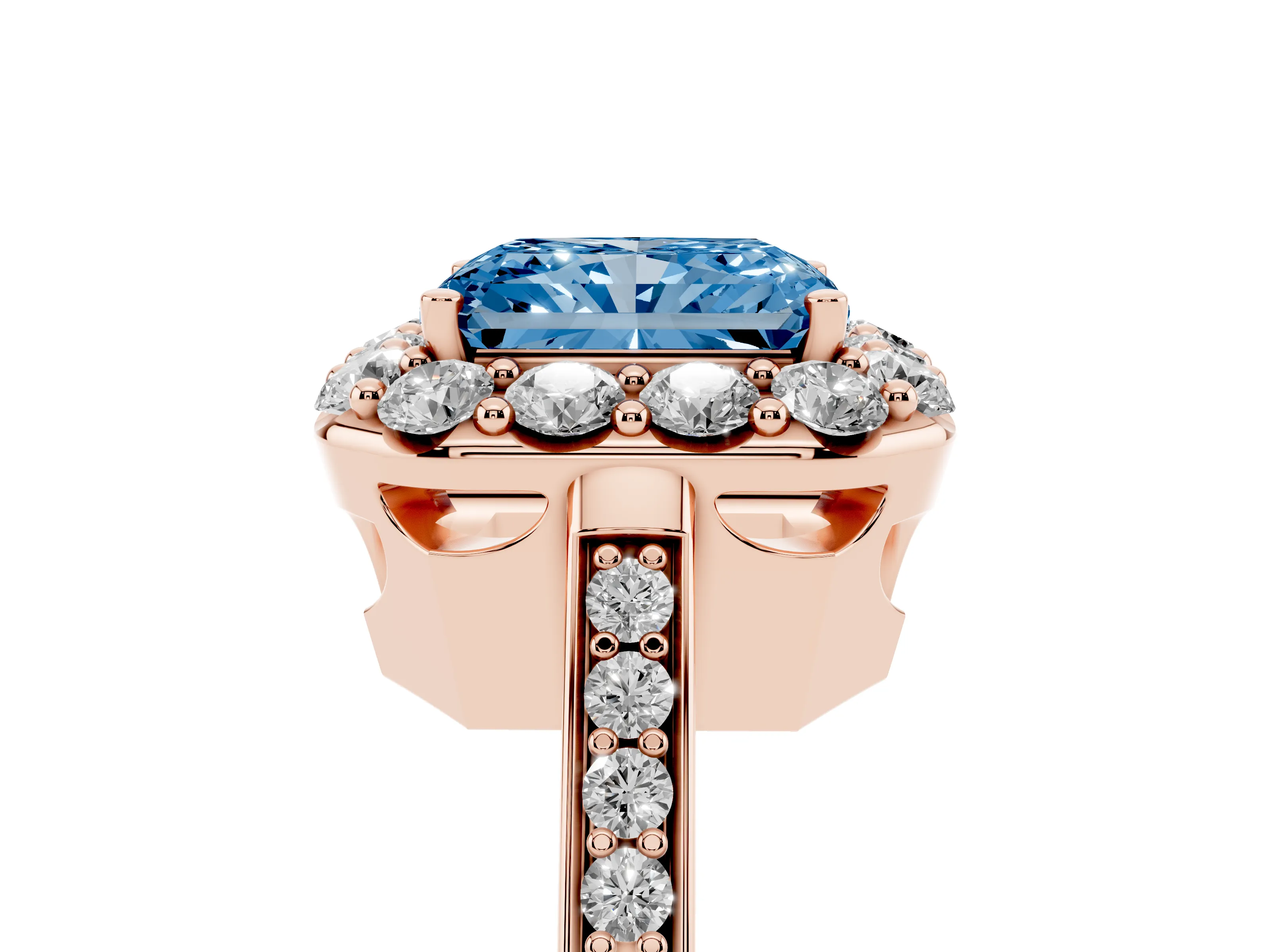 Fancy Blue Radiant Cut Diamond Floral Halo Ring Set in Rose gold with Pavé Band and Prong Setting
