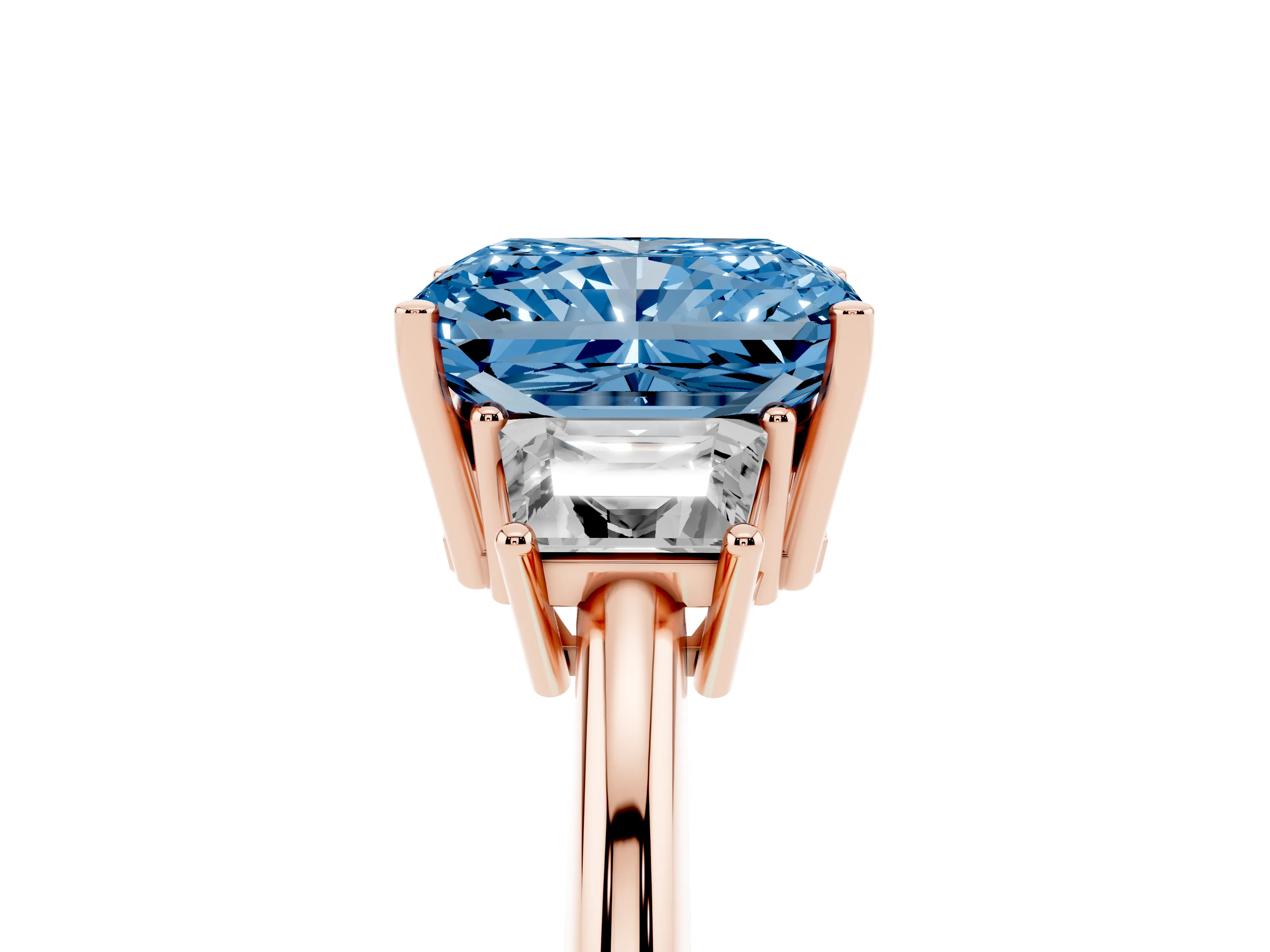 Fancy Blue Radiant Cut Diamond Three-Stone Ring Set in Rose gold with Trapezoid Side Stones and Prong Setting