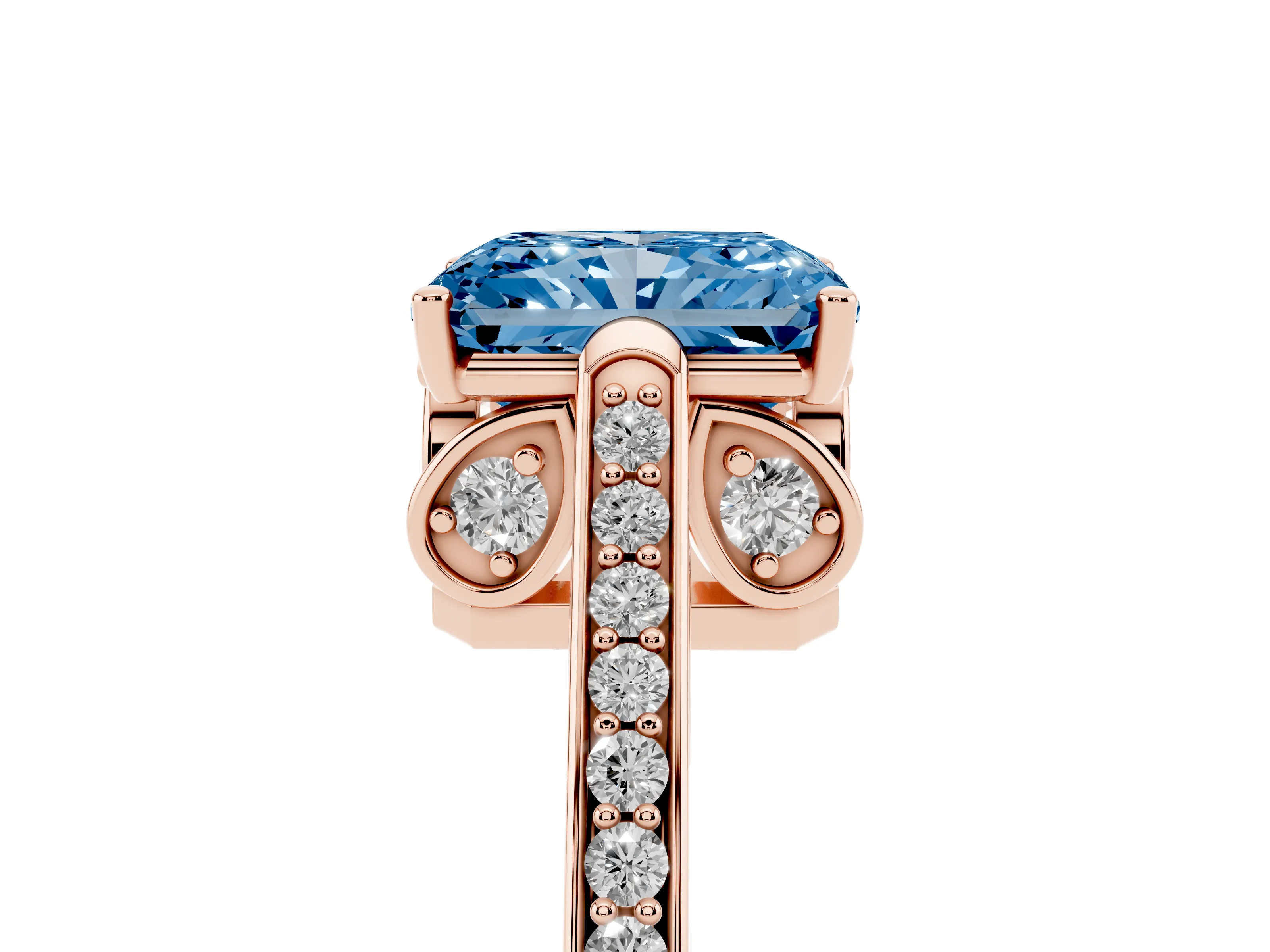 Fancy Blue Radiant Cut Diamond Cathedral Pavé Engagement Ring Set in Rose gold with Prong Setting