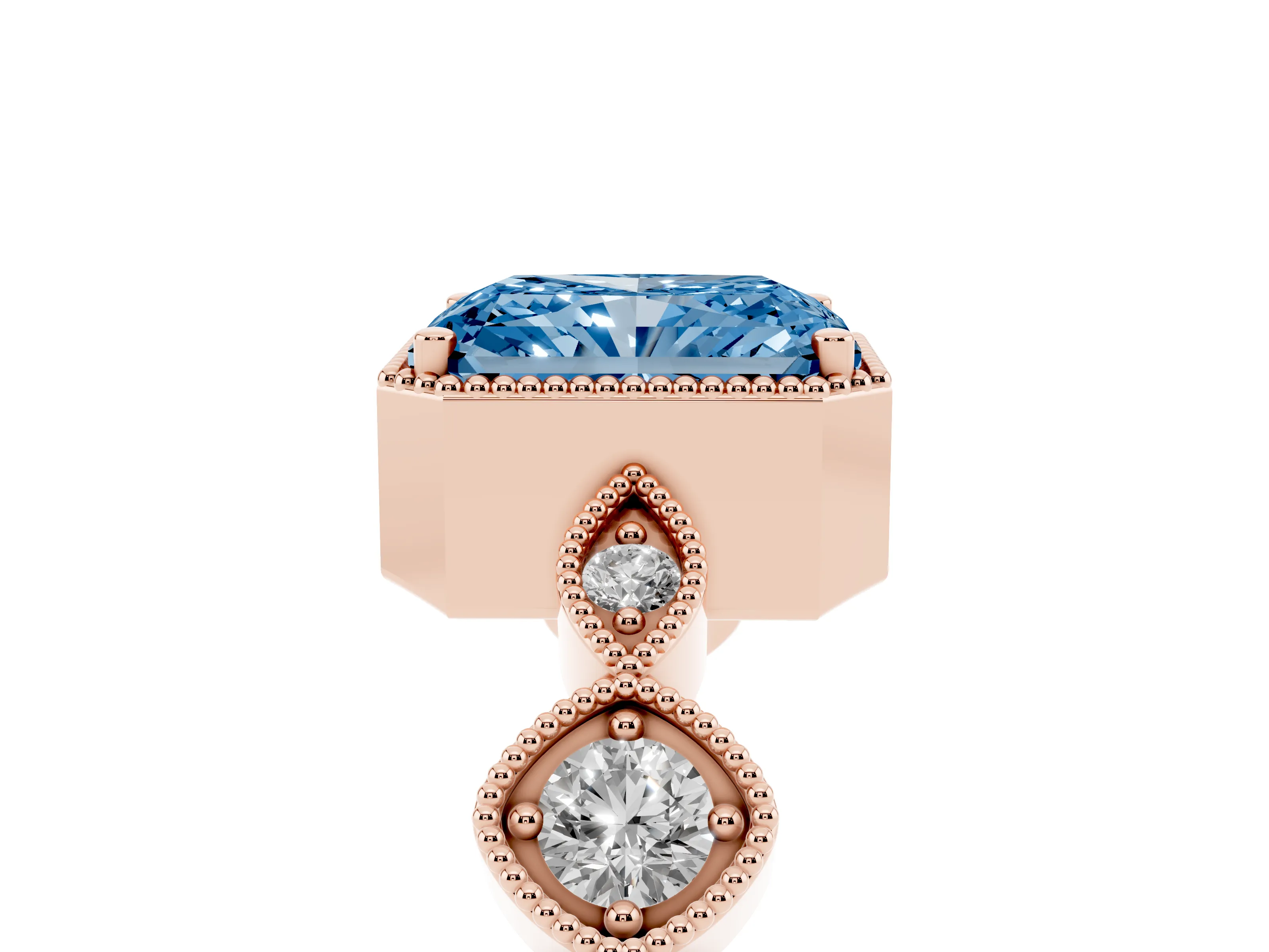 Fancy Blue Radiant Cut Diamond Vintage-Inspired Milgrain Ring Set in Rose gold with Marquise Stations of Round Accents