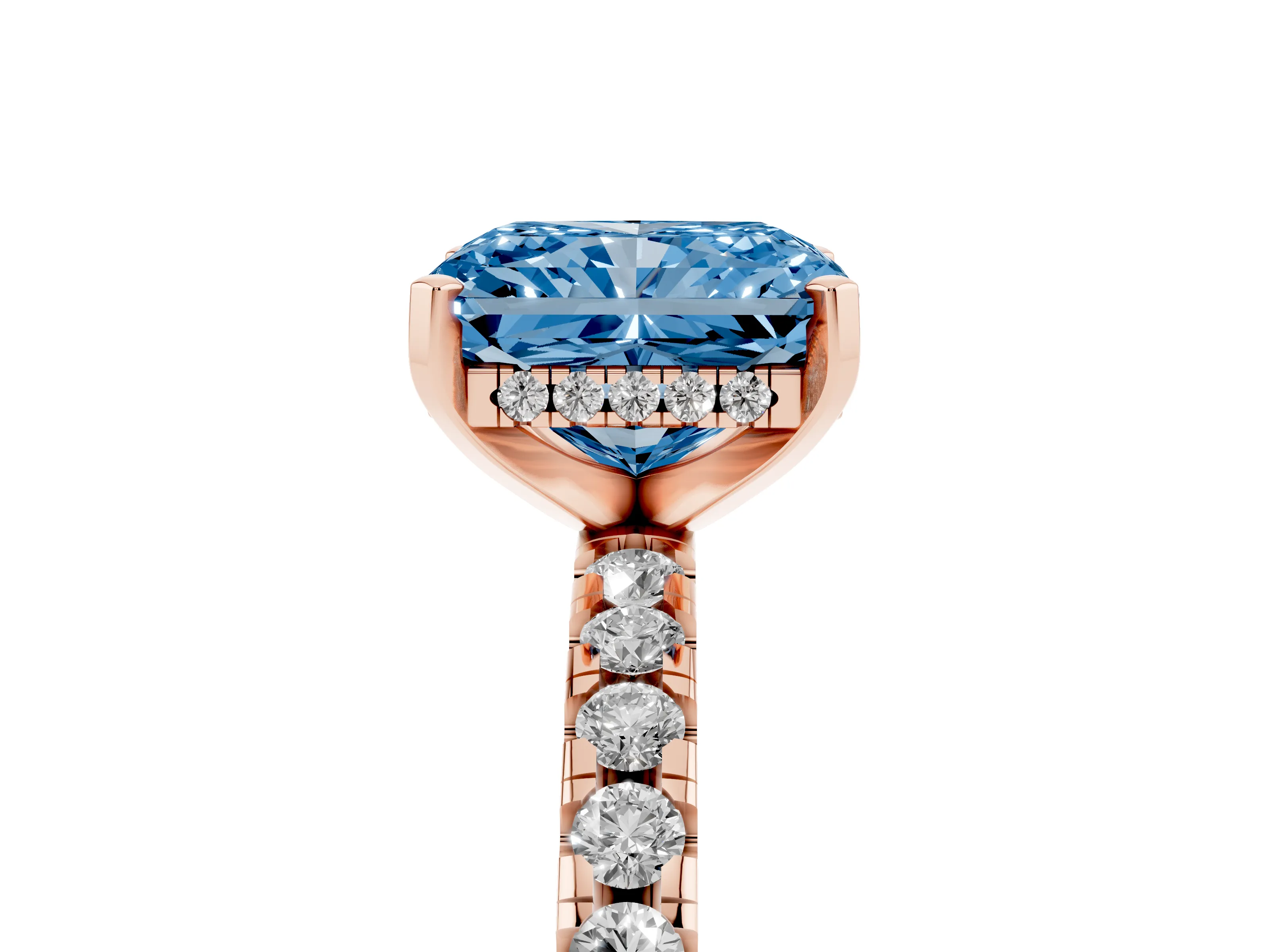 Fancy Blue Radiant Cut Diamond Pavé Solitaire Ring Set in Rose gold with Round Band Accents and Prong Setting