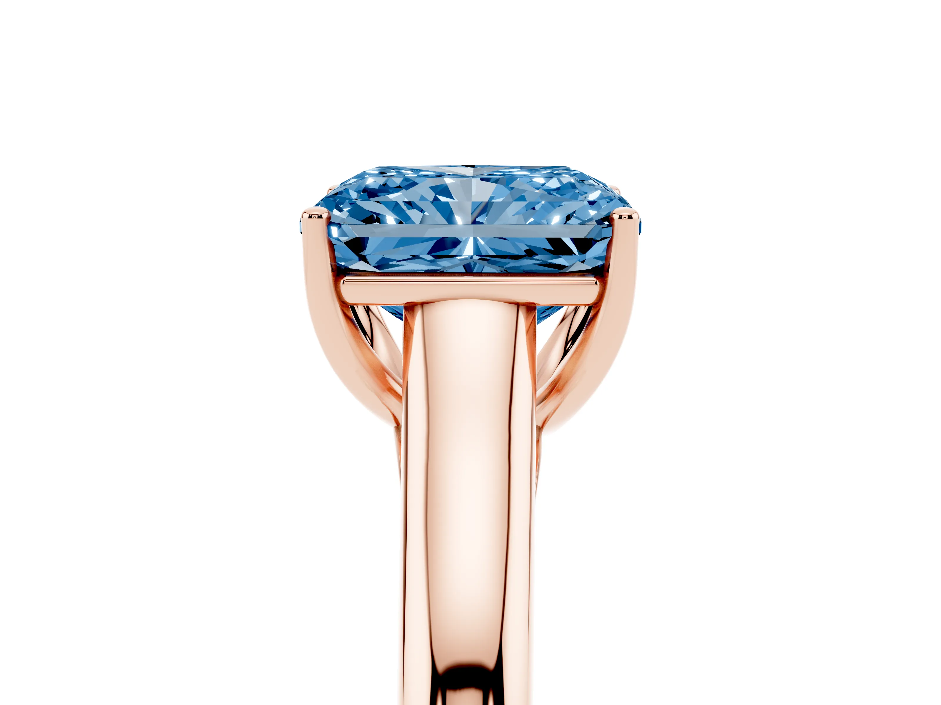Fancy Blue Radiant Cut Diamond Solitaire Engagement Ring Set in Rose gold with Subtly Tapered Band and Prong Setting