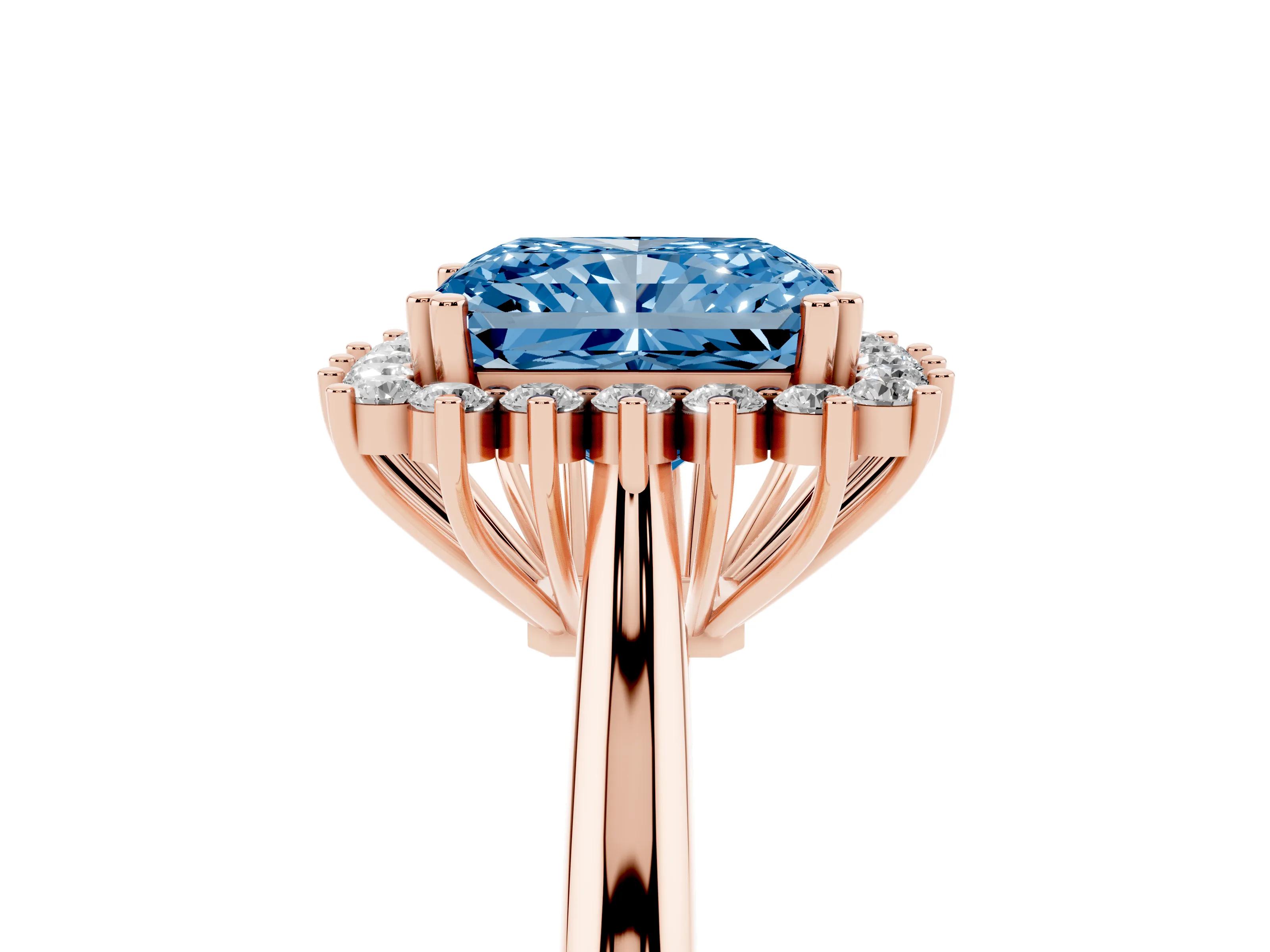 Fancy Blue Radiant Cut Diamond Halo Ring Set in Rose gold with Plain Solitaire Band and Prong Setting