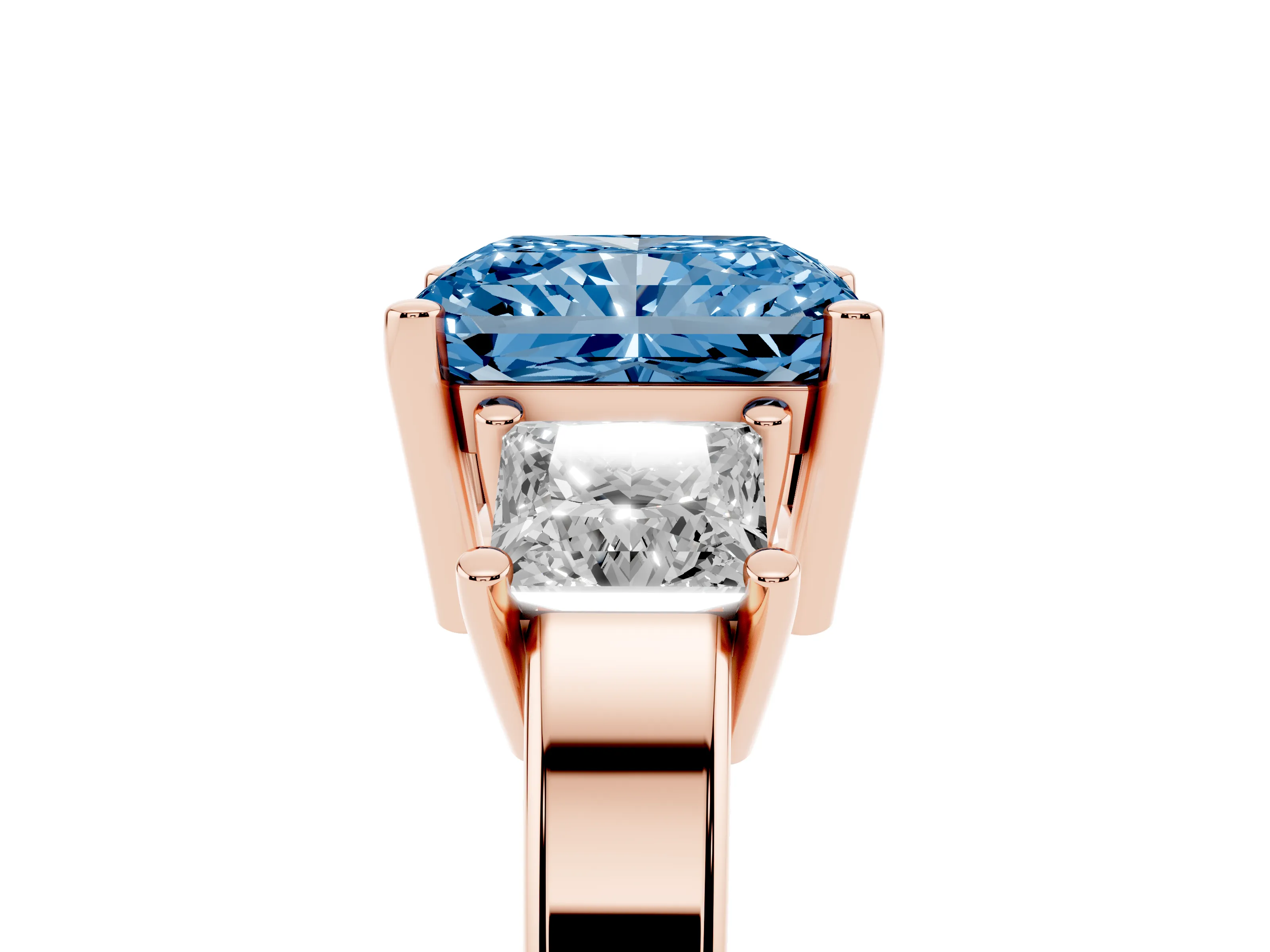 Fancy Blue Three-Stone Radiant Cut Diamond Solitaire Ring Set in Rose gold with Prong Setting