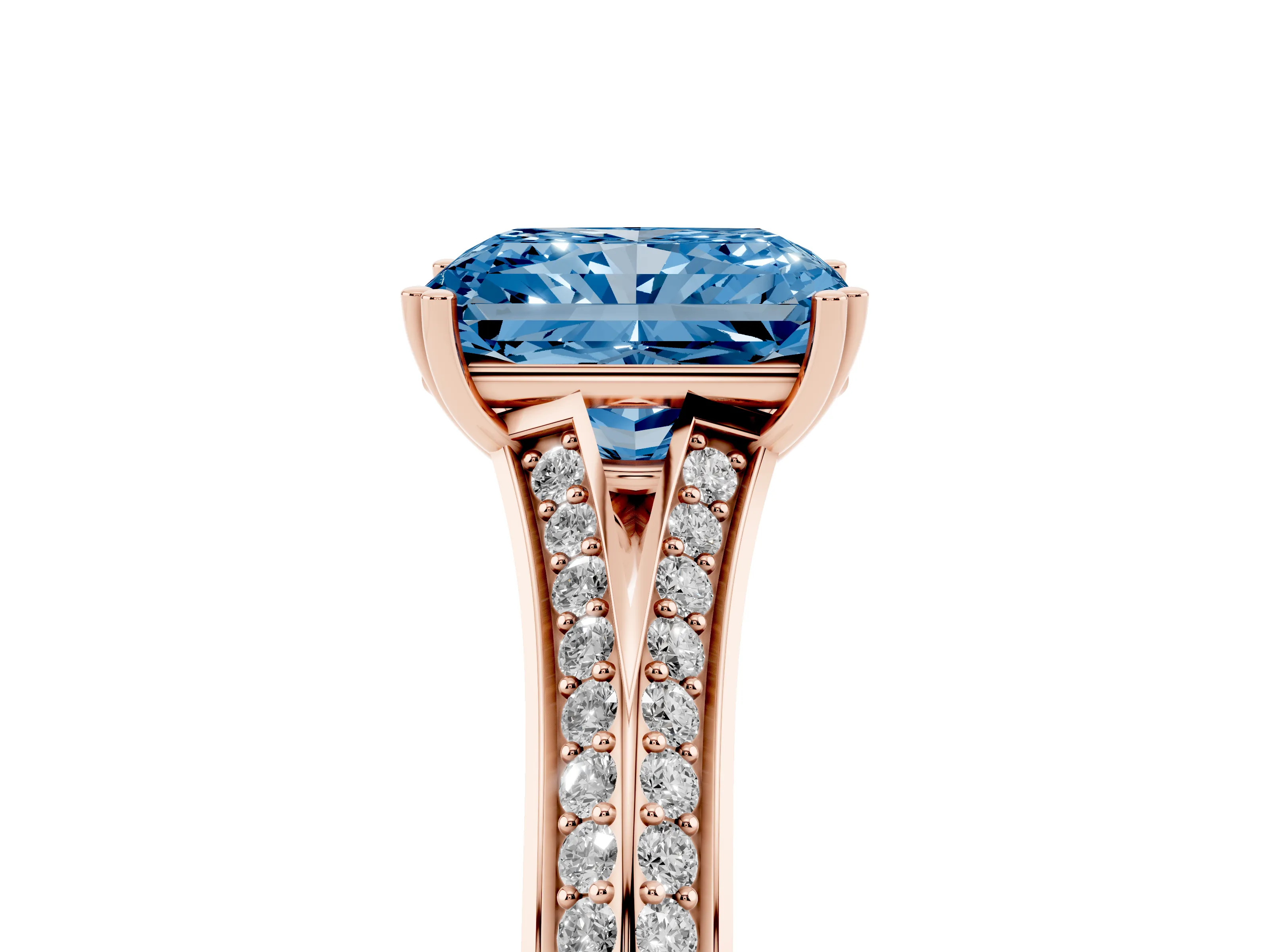Fancy Blue Radiant Cut Diamond Split Shank Pavé Engagement Ring Set in Rose gold with Prong-Set Center Stone