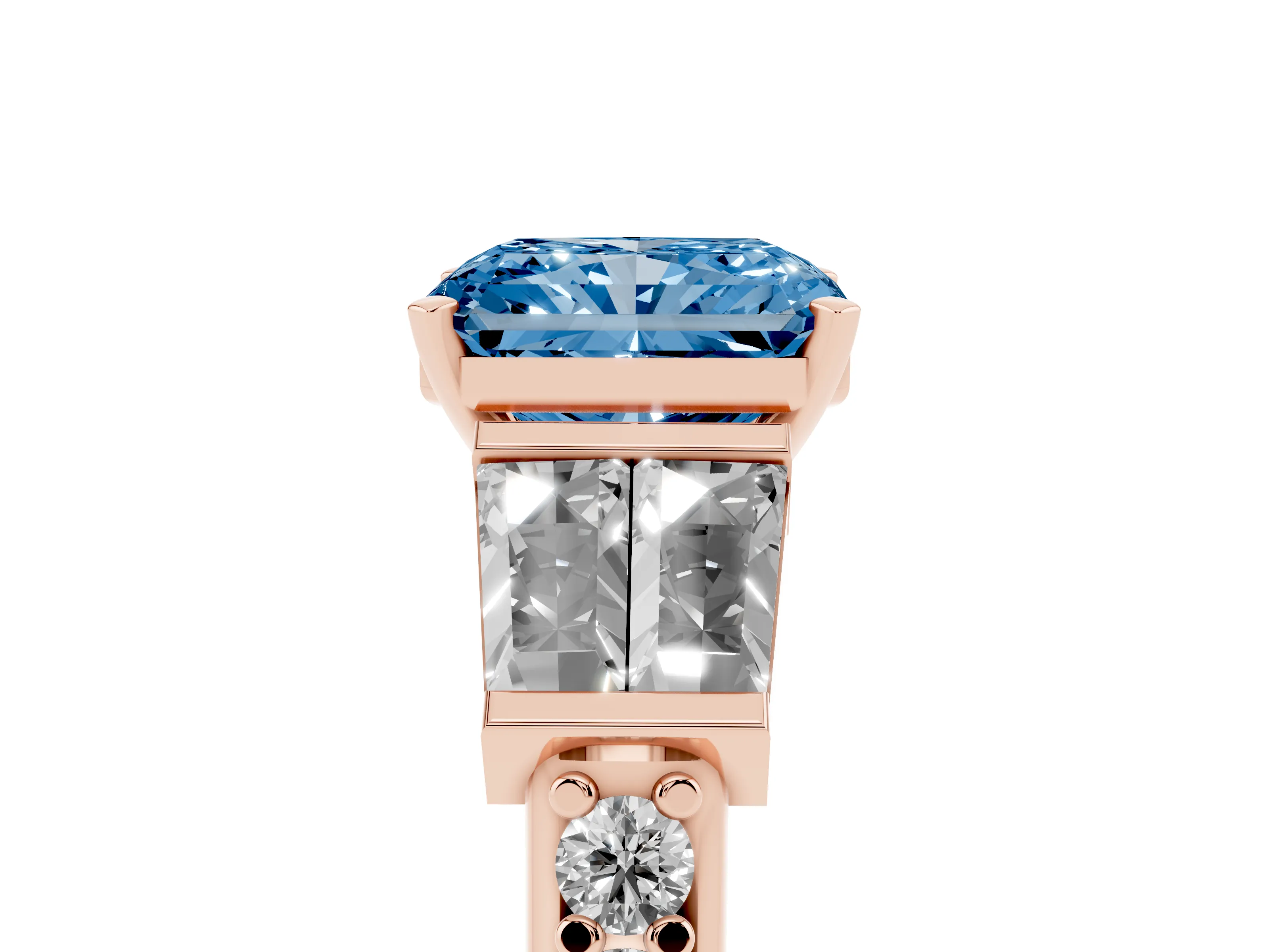 Fancy Blue Radiant Cut Diamond Engagement Ring Set in Rose gold with Baguette Side Stones and Channel Set Band