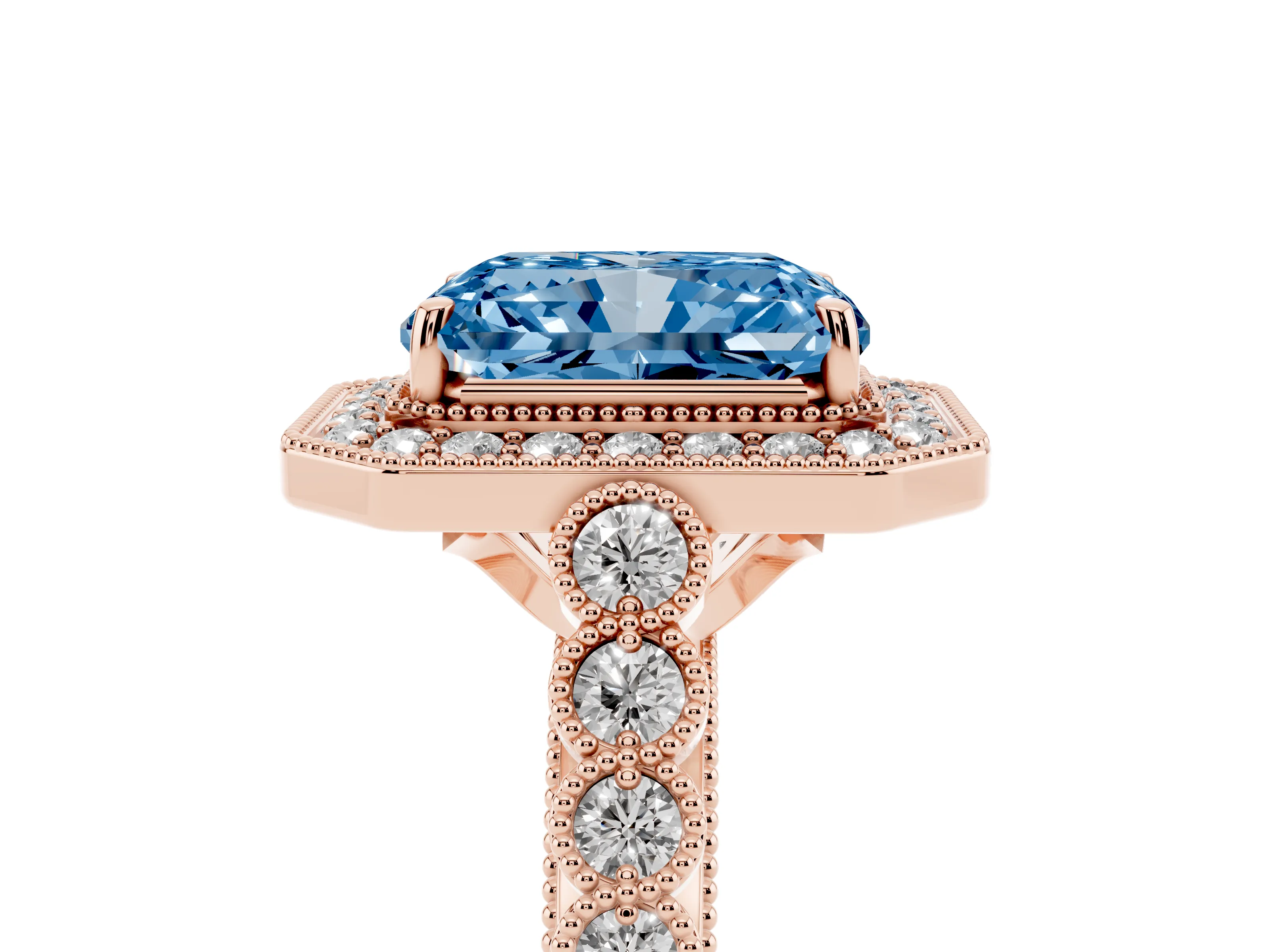 Fancy Blue Radiant Cut Diamond Milgrain Halo Solitaire Ring Set in Rose gold with Bezel Set Side Stones and Pavé Band