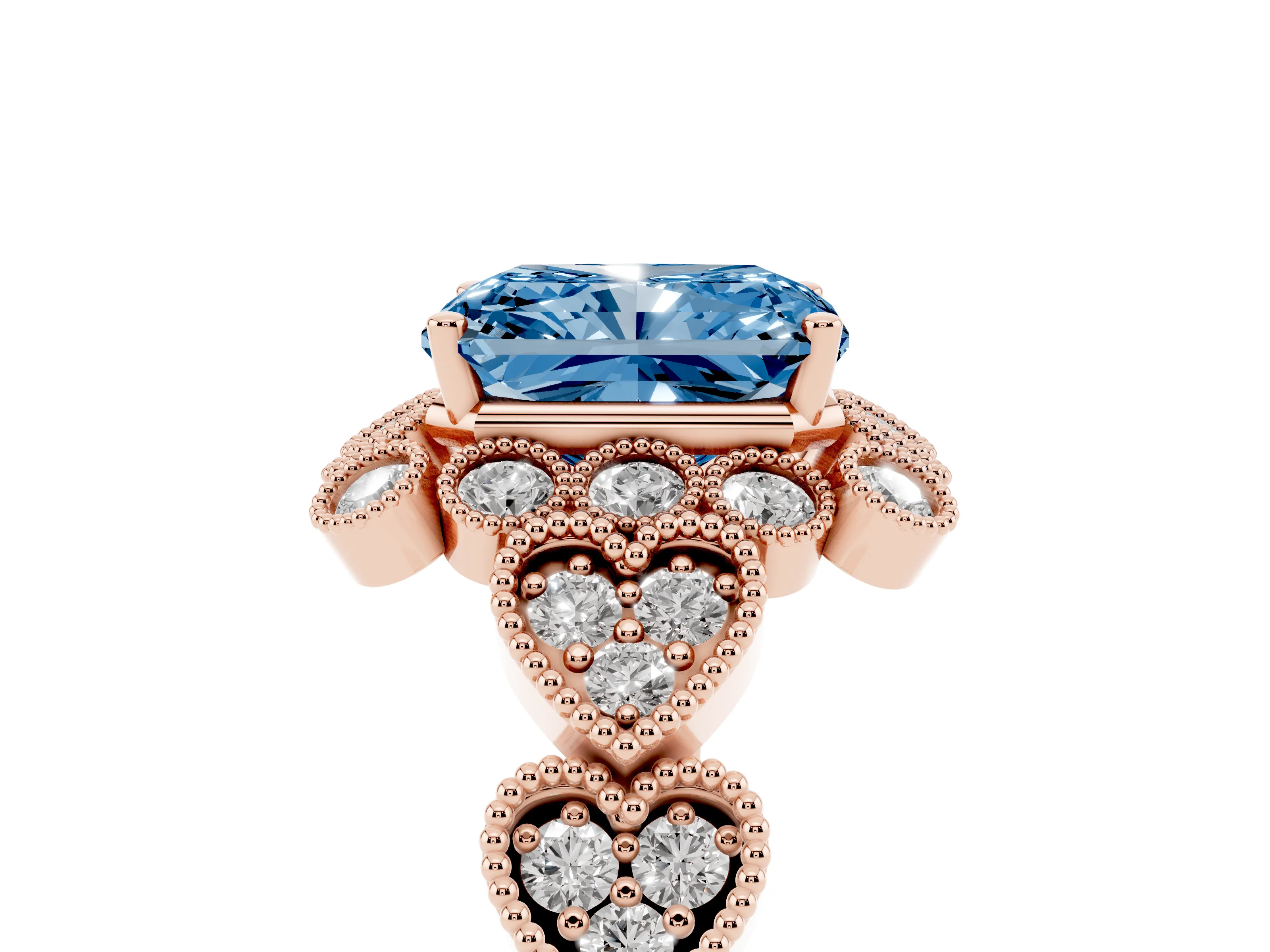 Fancy Blue Radiant Cut Diamond Solitaire Ring Set in Rose gold with Milgrain Pavé Heart Band