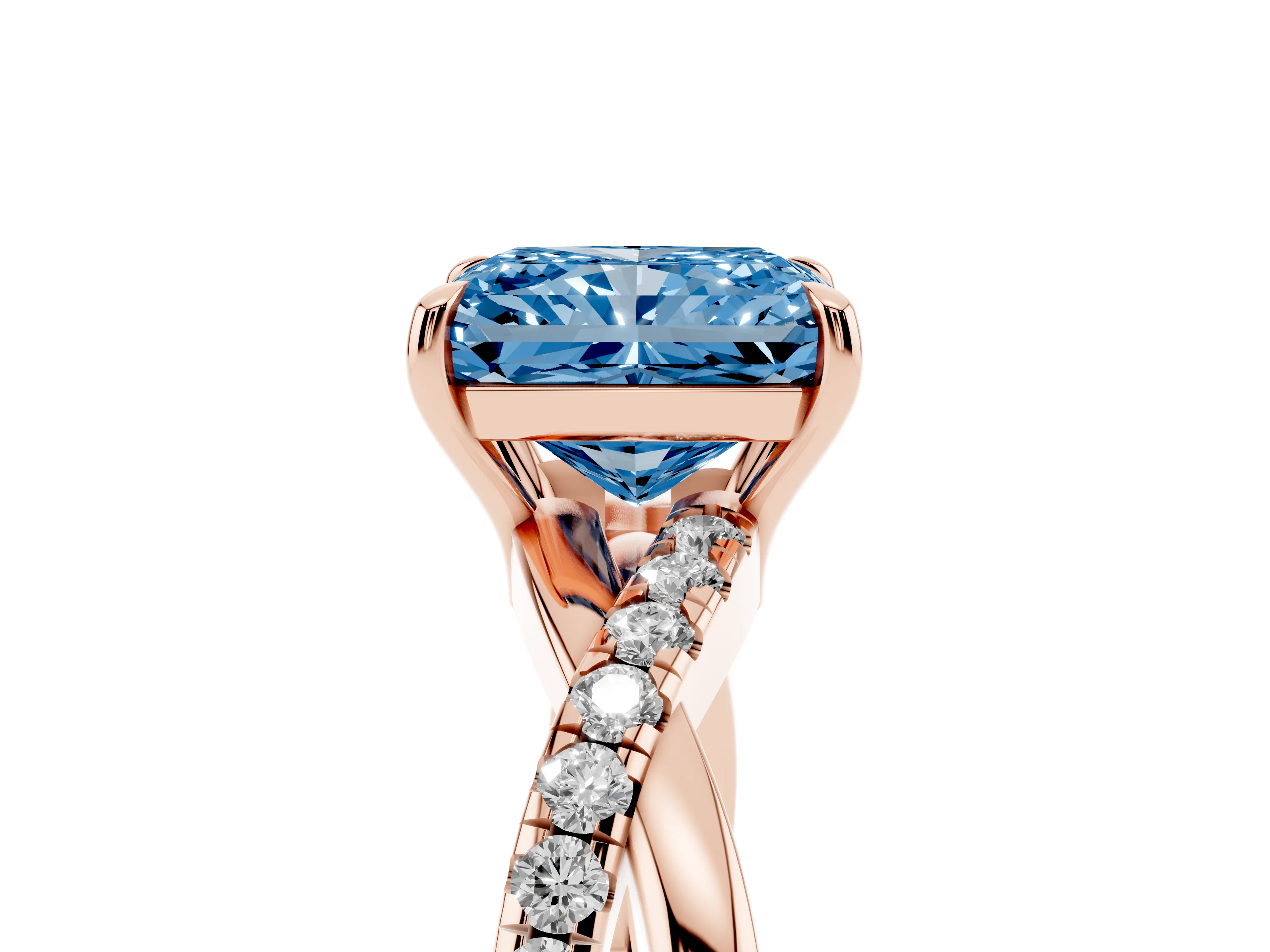 Fancy Blue Radiant Cut Diamond Twisted Pavé Band Ring Set in Rose gold with Prong Setting