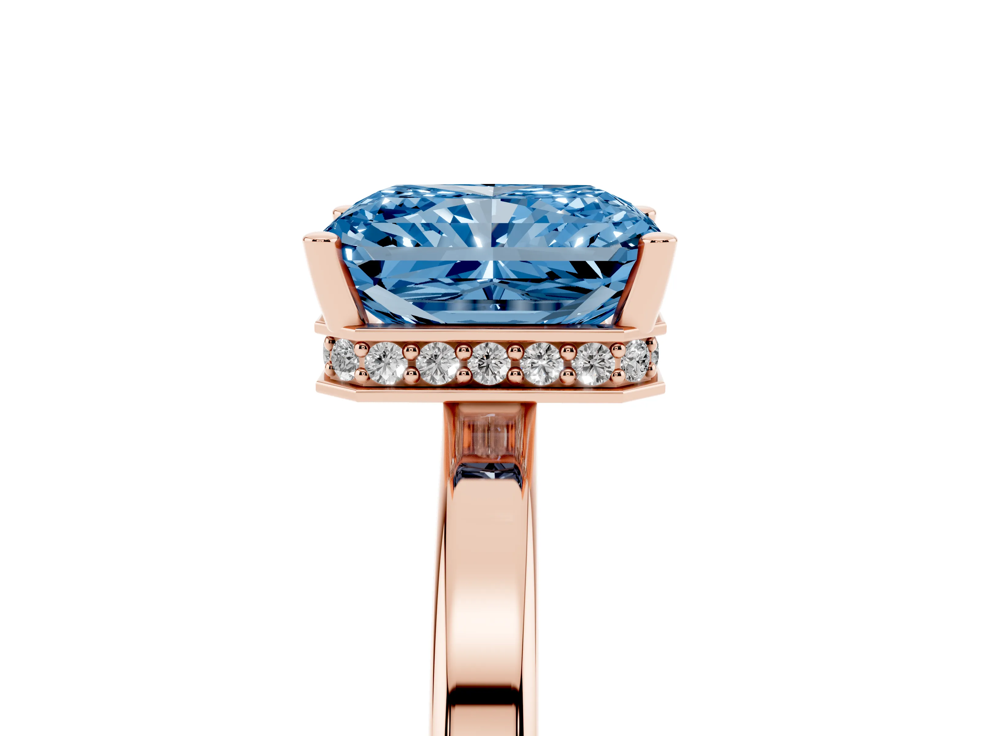 Fancy Blue Radiant Cut Diamond Solitaire Engagement Ring Set in Rose gold with Prong Setting on a Plain Band
