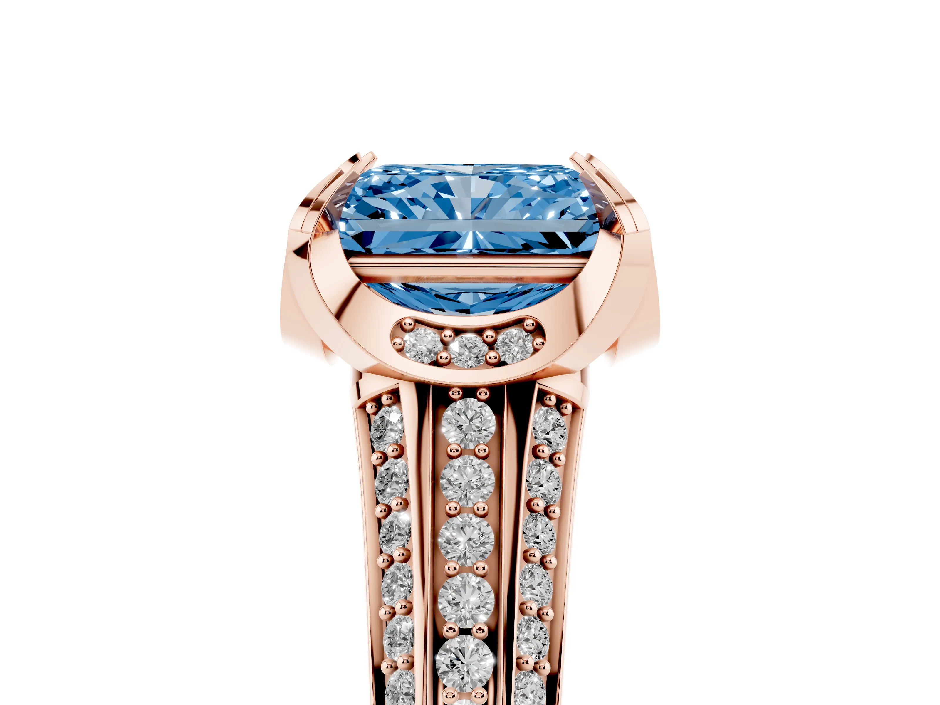 Fancy Blue Radiant Cut Diamond Pavé Split Shank Solitaire Ring Set in Rose gold with Prong Setting