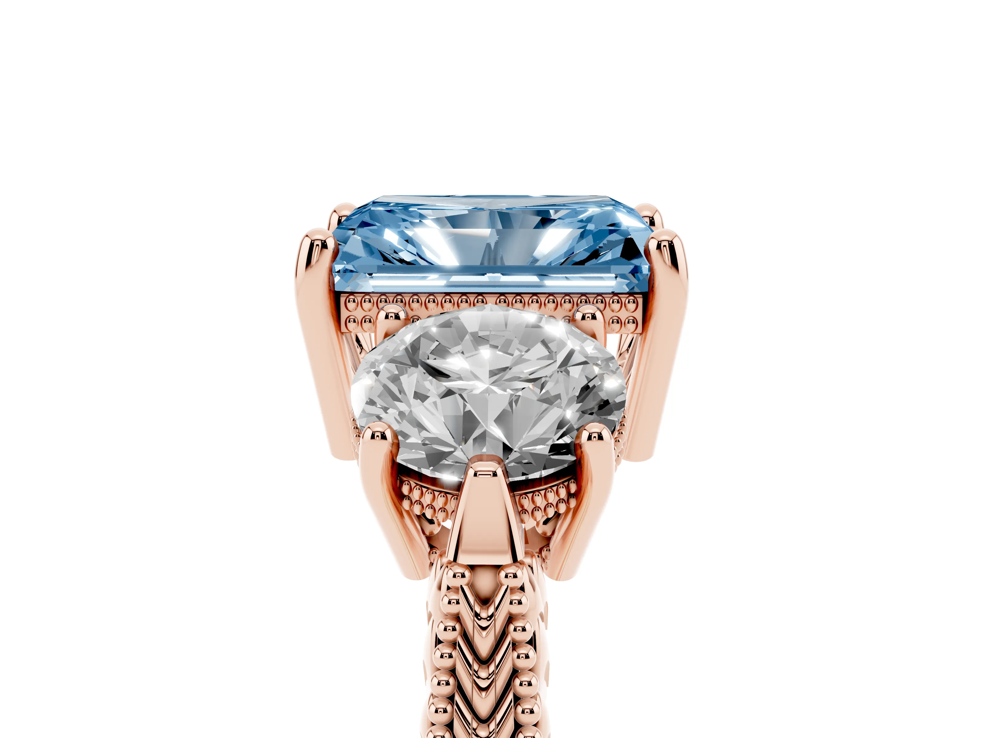 Fancy Blue Radiant Cut Diamond Three-Stone Ring Set in Rose gold with Milgrain Band