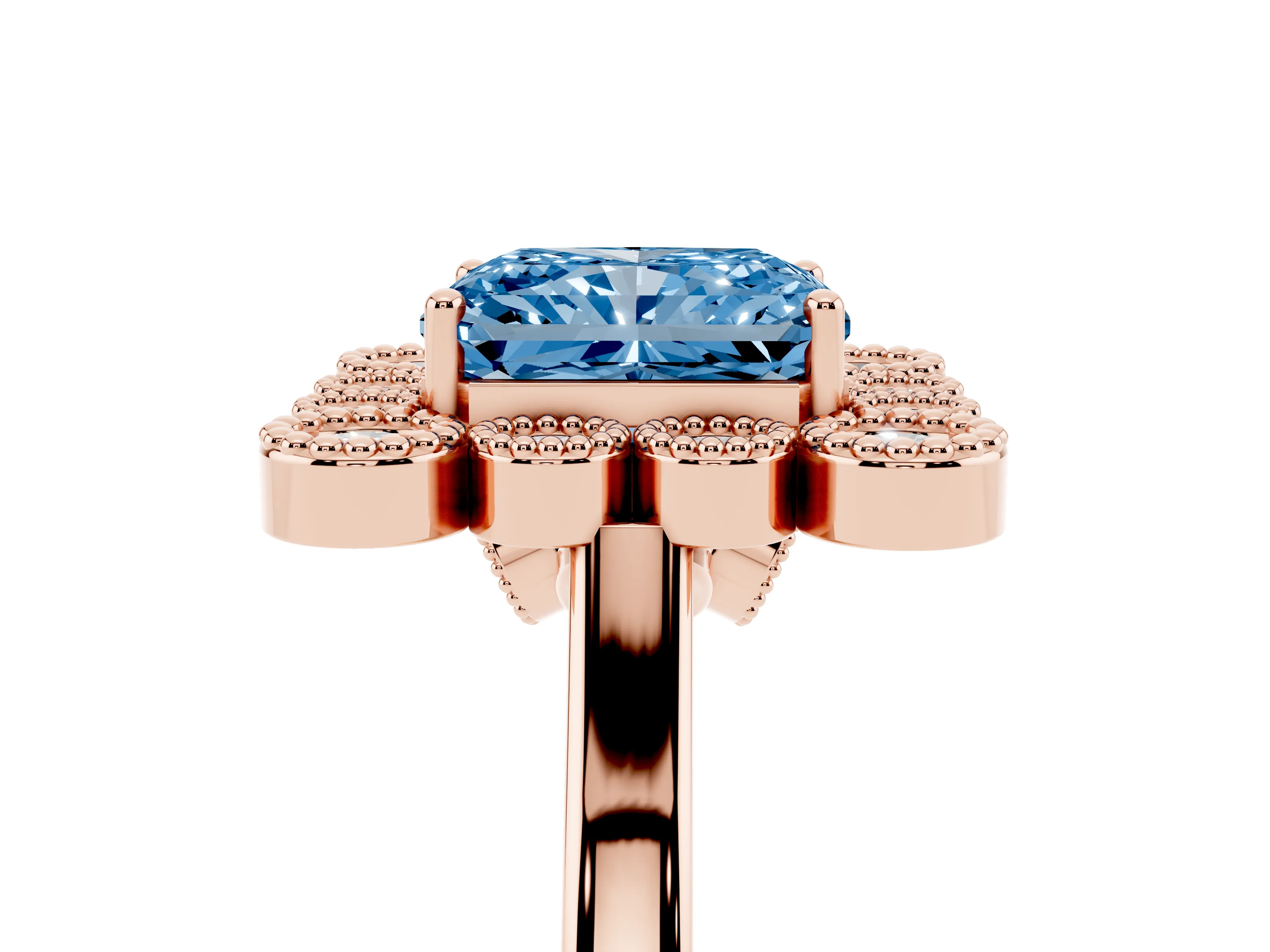 Fancy Blue Radiant Cut Diamond Cluster Halo Ring Set in Rose gold with Milgrain Bezel Accents and Plain Band
