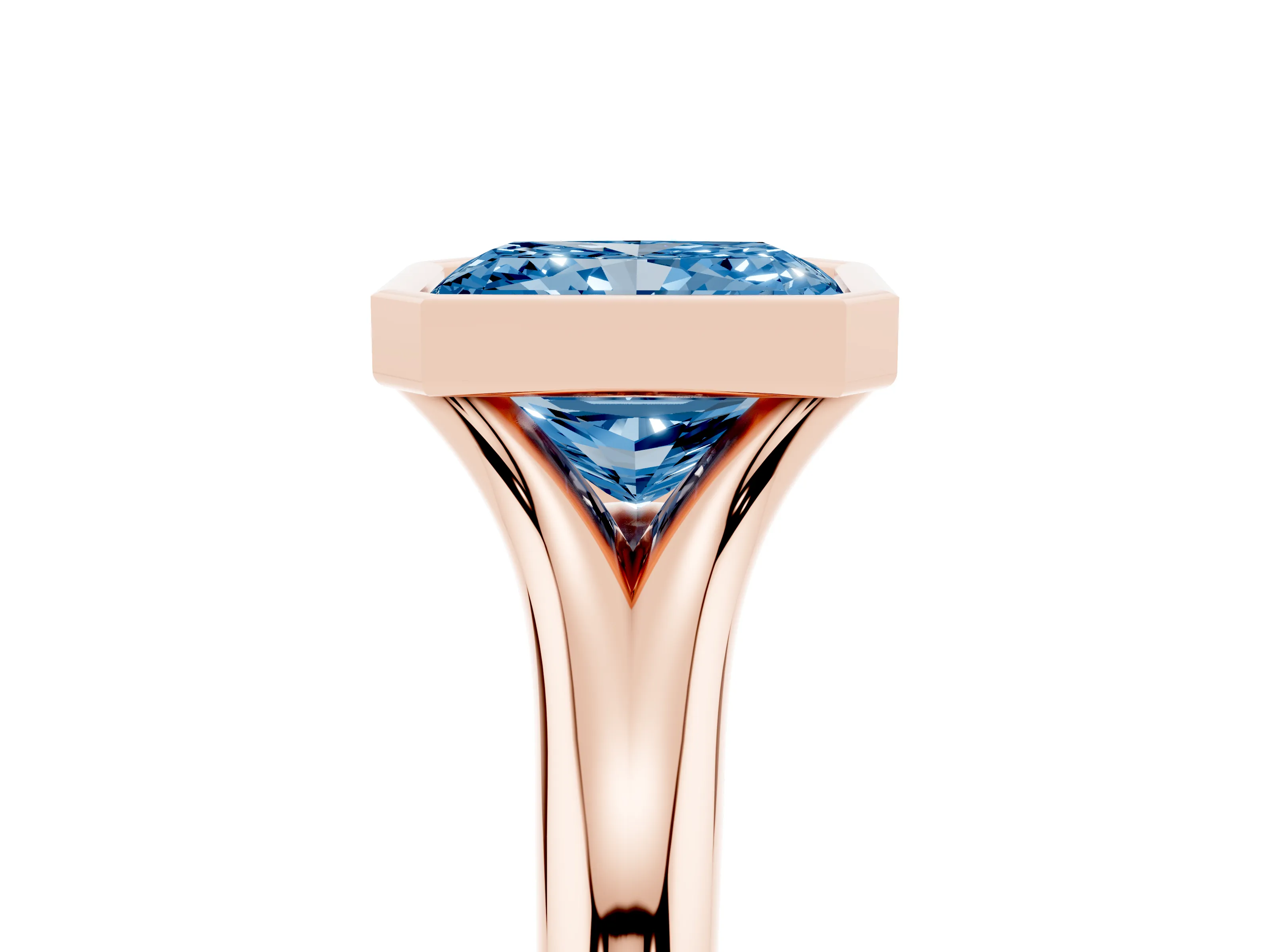 Fancy Blue Bezel Set Radiant Cut Diamond Solitaire Ring Set in Rose gold with Smooth Band