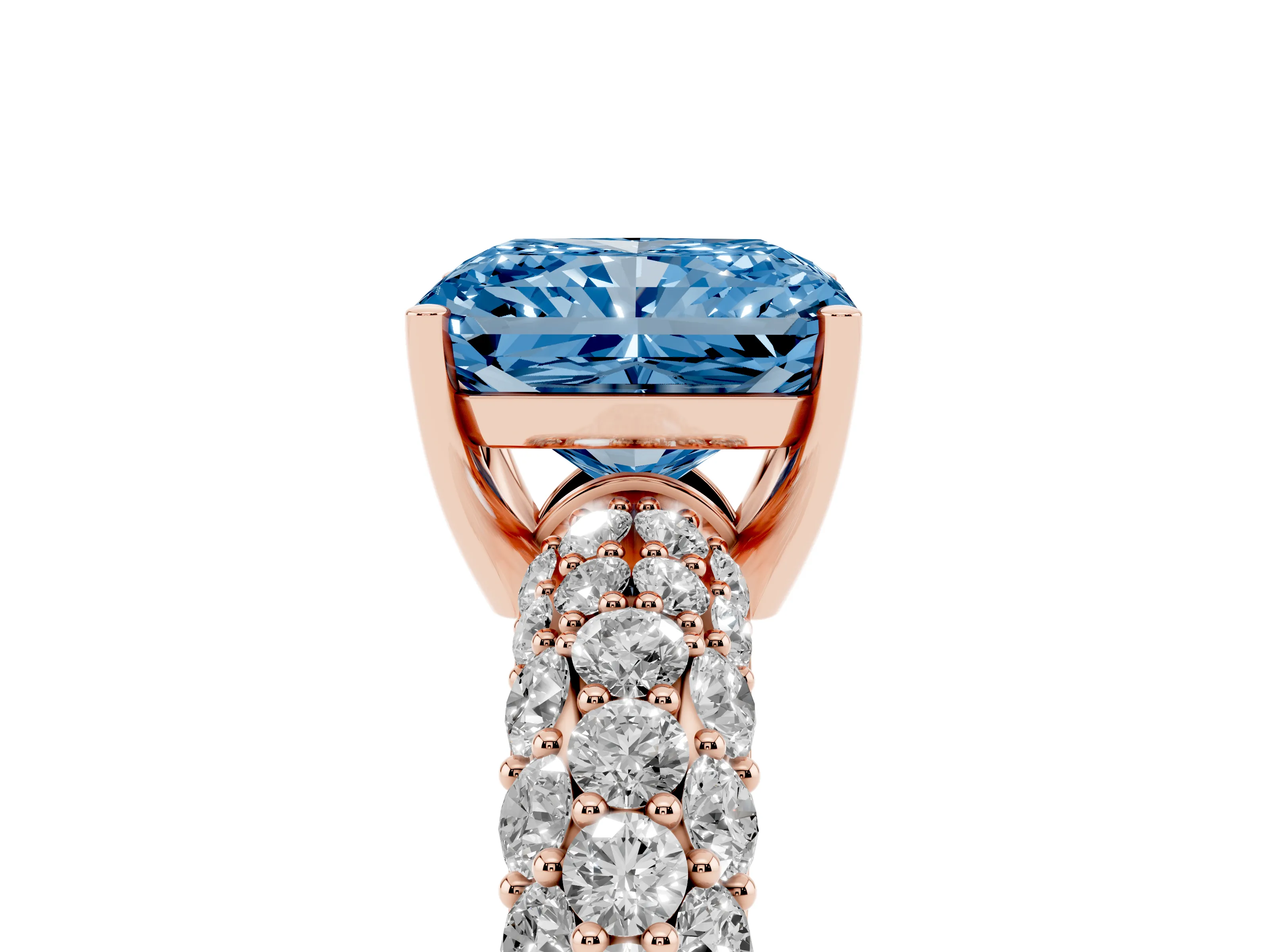 Fancy Blue Radiant Cut Diamond Pavé Band Solitaire Ring Set in Rose gold with Close-Set Accent Stones and Prong Setting