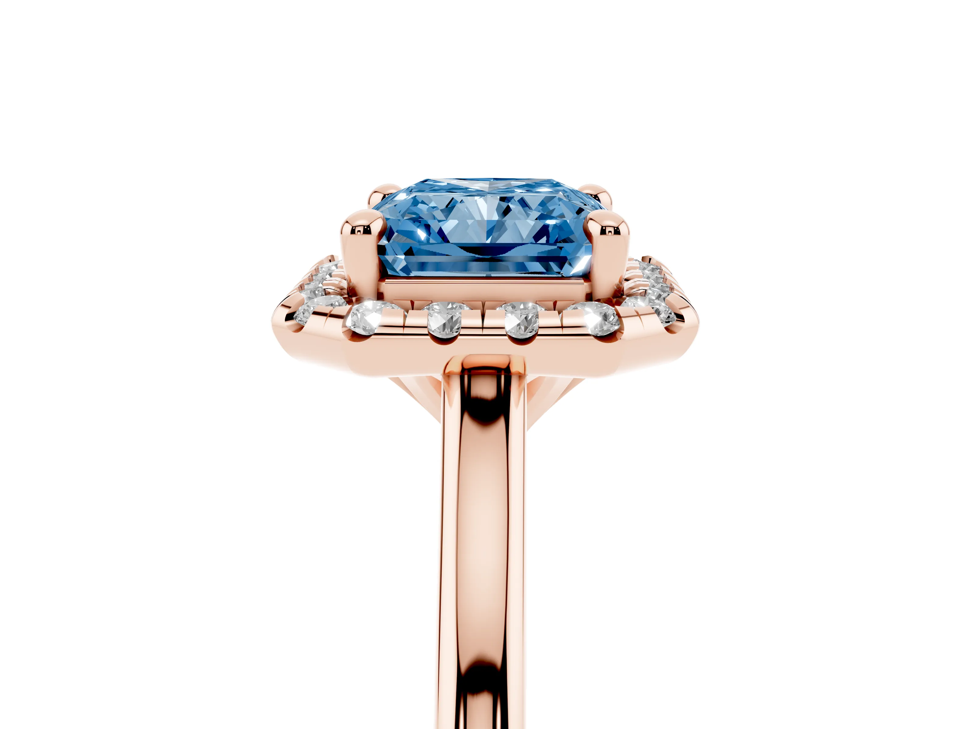 Fancy Blue Radiant Cut Diamond Halo Engagement Ring Set in Rose gold with Pavé Band and Rising Shoulders