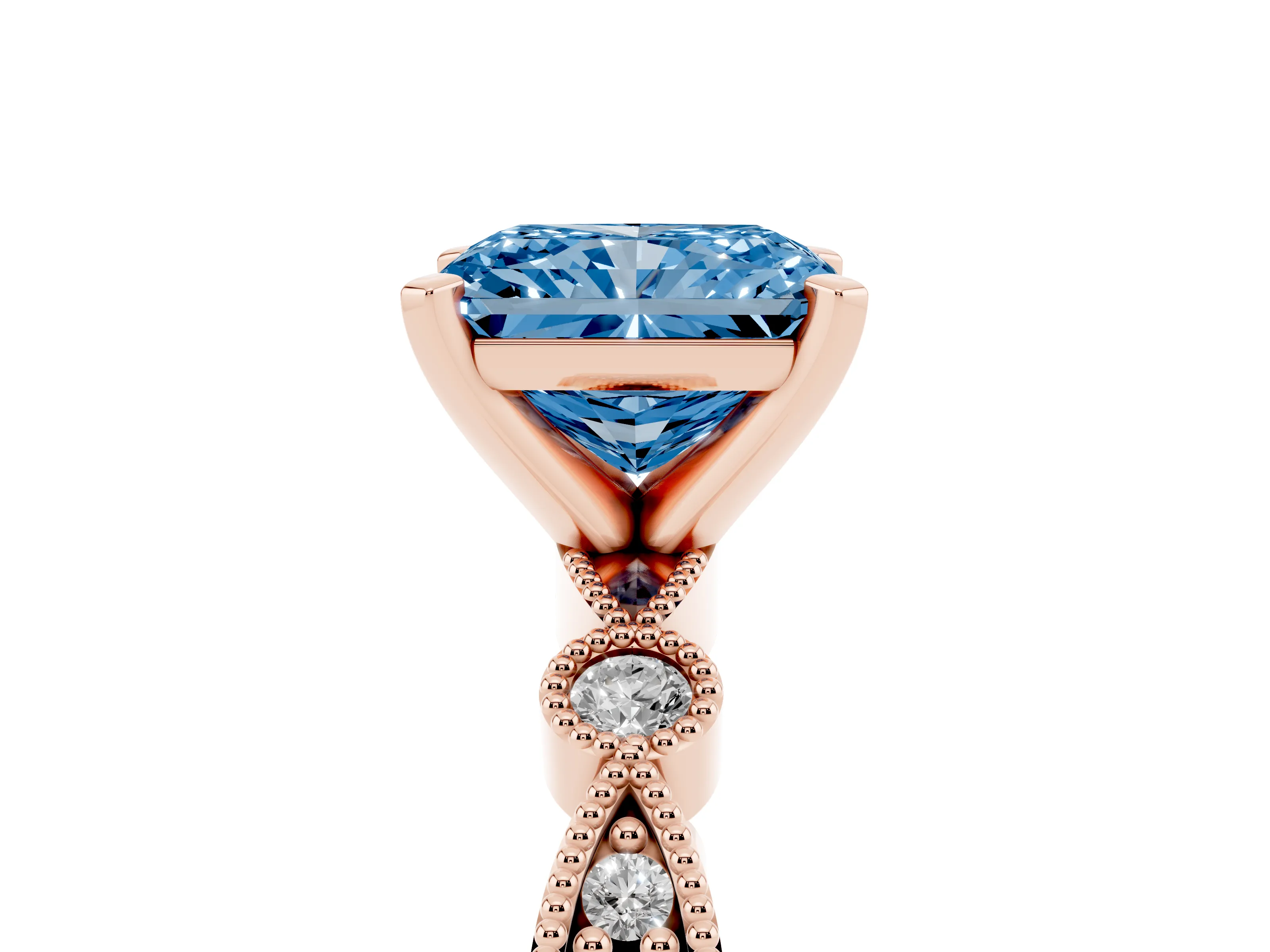 Fancy Blue Radiant Cut Diamond Solitaire Engagement Ring Set in Rose gold with Milgrain Bezel Accent Band