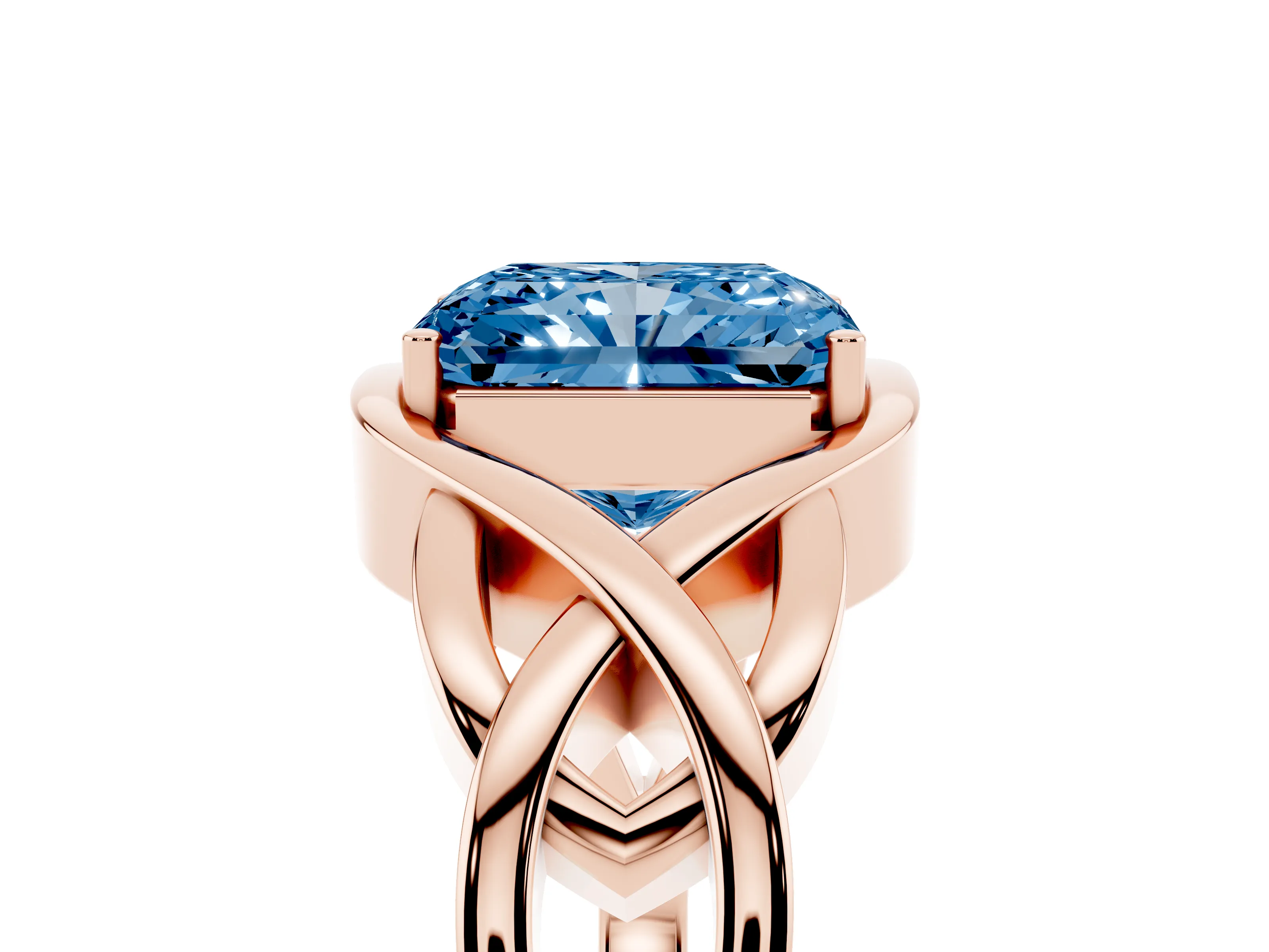 Fancy Blue Radiant Cut Diamond Solitaire Ring Set in Rose gold with Intertwined Band