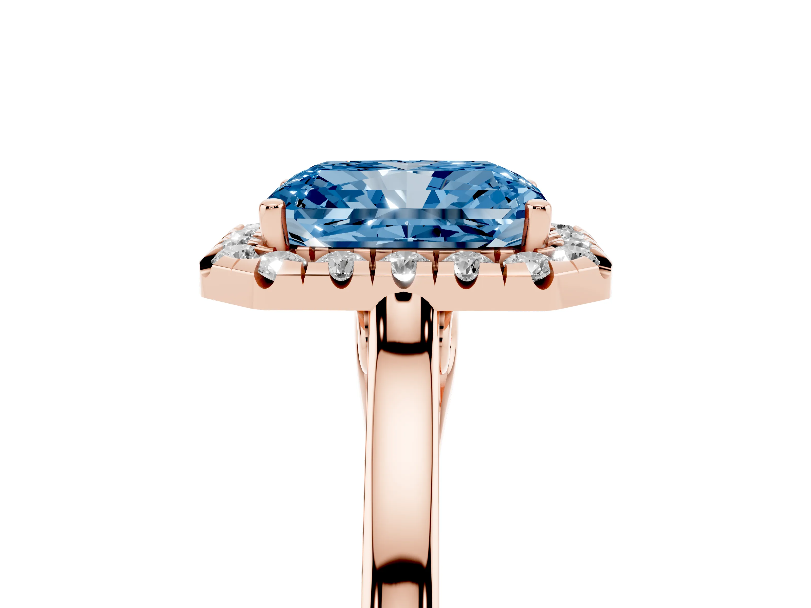 Fancy Blue Radiant Cut Halo Round Diamond Solitaire Ring Set in Rose gold with Pavé Band and Prong Setting