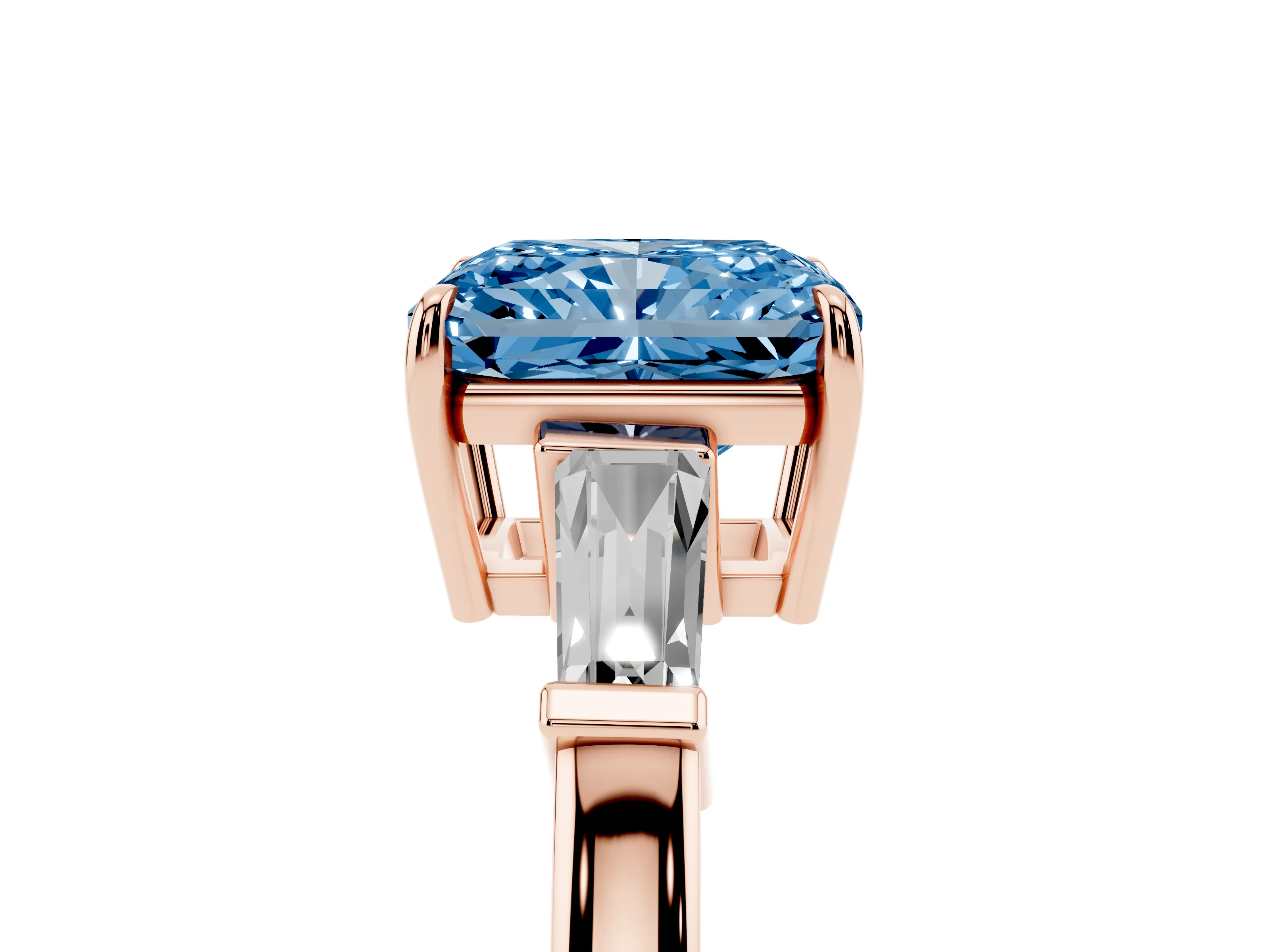 Fancy Blue Radiant Cut Diamond Three-Stone Ring Set in Rose gold with Tapered Baguette Side Stones and Prong Setting