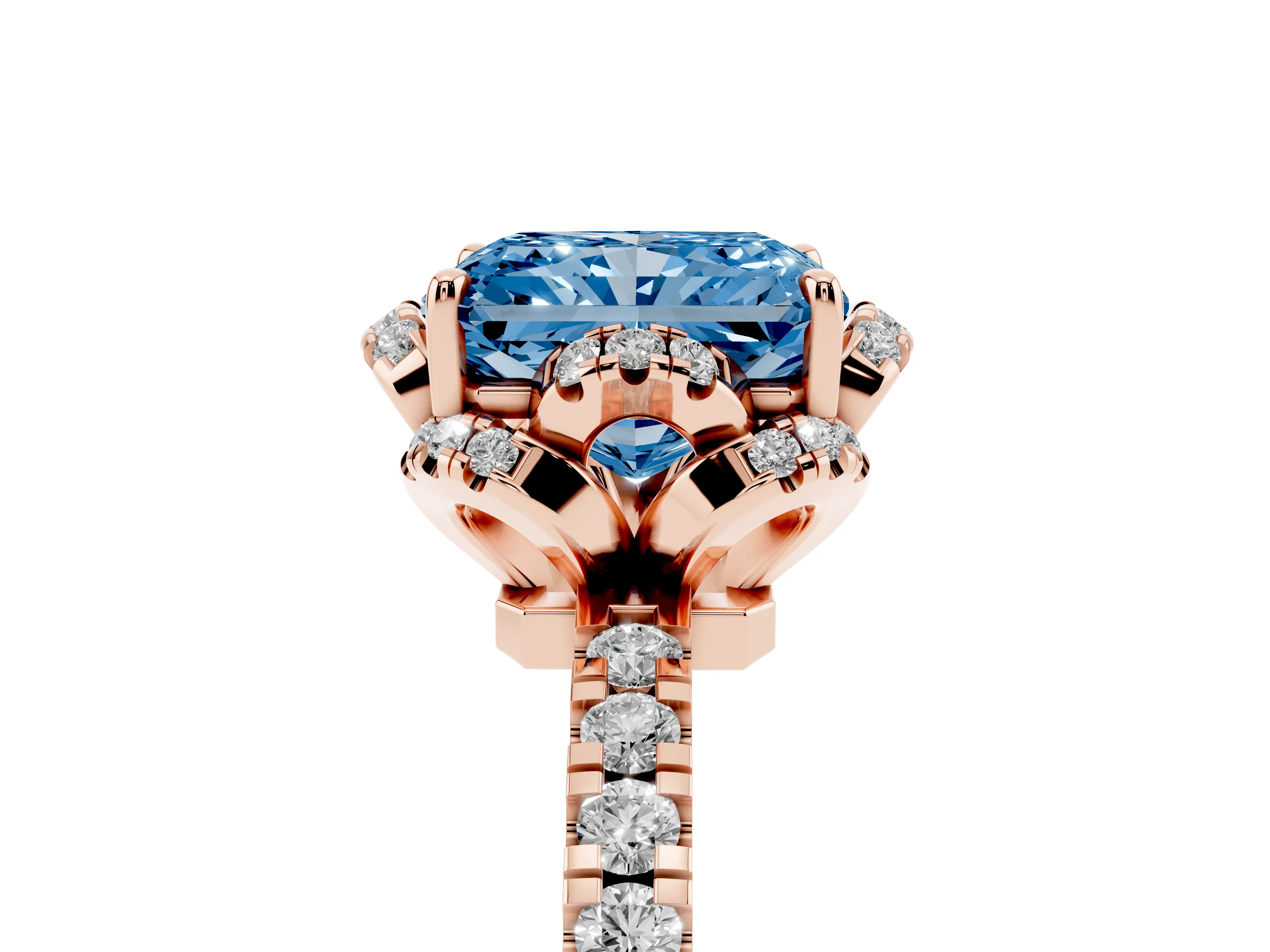 Fancy Blue Radiant Cut Diamond Halo Pavé Band Ring Set in Rose gold with Prong-Held Center