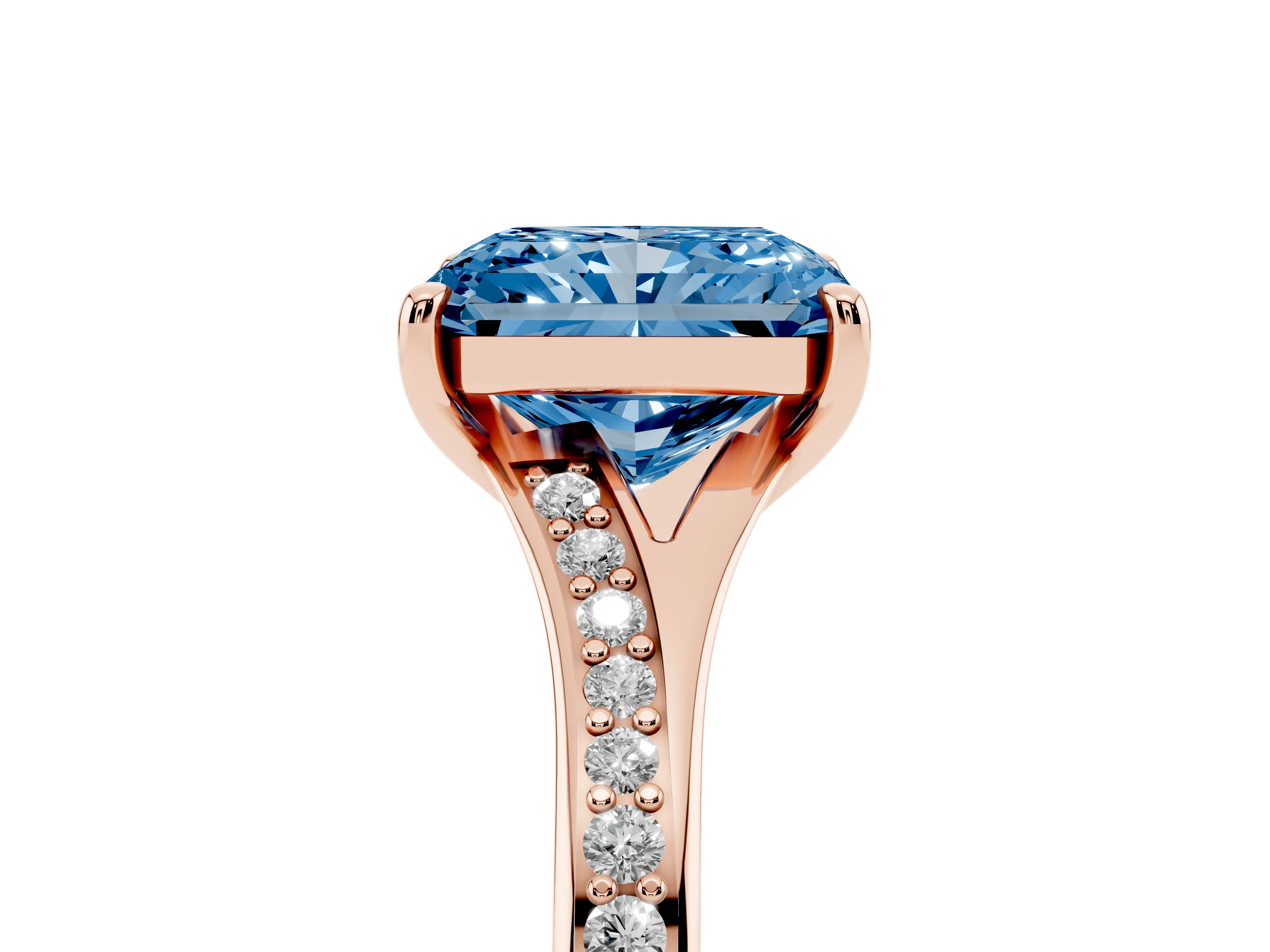 Fancy Blue Radiant Cut Diamond Solitaire Ring Set in Rose gold with Pavé Accent Band and Classic Prong Setting